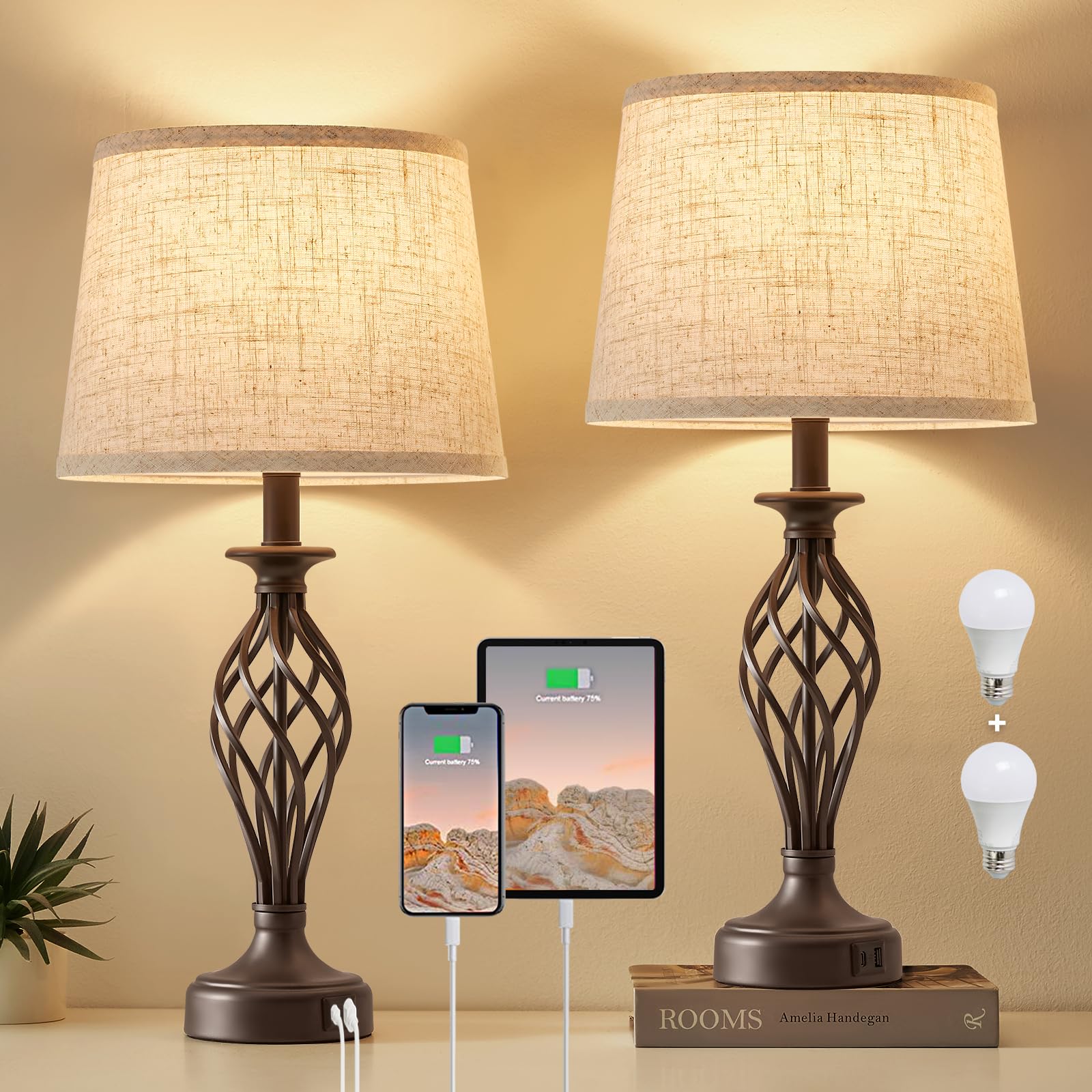 Table Lamp For Bedroom Set Of 2 With Usb C+A Ports - Modern Brown Bedside Lamps With Spiral Cage Base Fabric Shade - Nightstand
