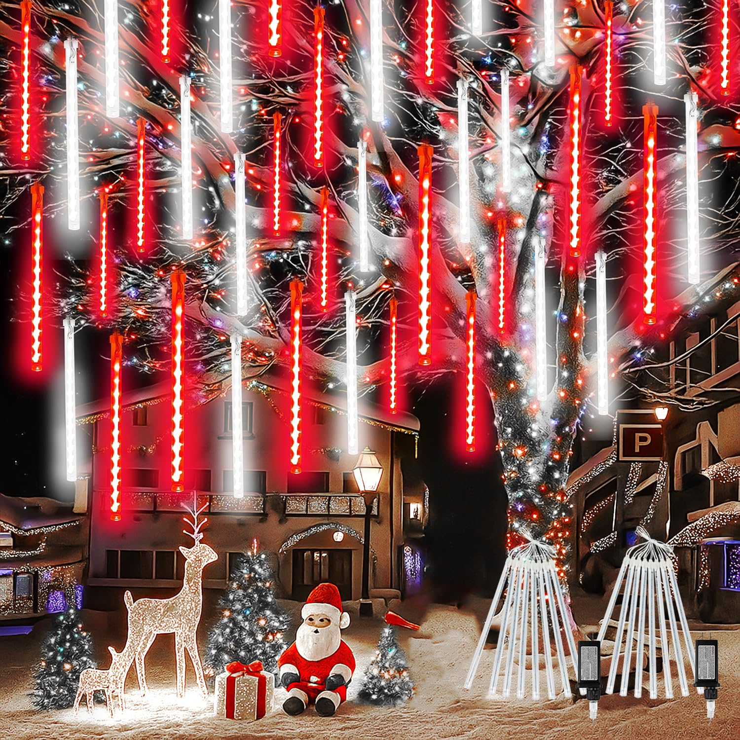 2-Pack Extendable Meteor Shower Christmas Lights Outdoor  16 Tubes 384 Leds Waterproof Falling Rain String Lights  Christmas String Lights Outdoor For Tree Garden Holiday Decorations (Red And White)