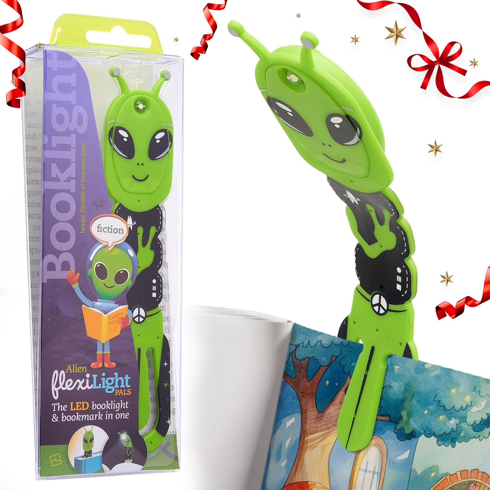 Gifts for Readers & Writers Flexilight Pal 2-in-1 LED Reading Light, Portable Bookmark & Clip-On Lamp, Battery Operated, Alien Green