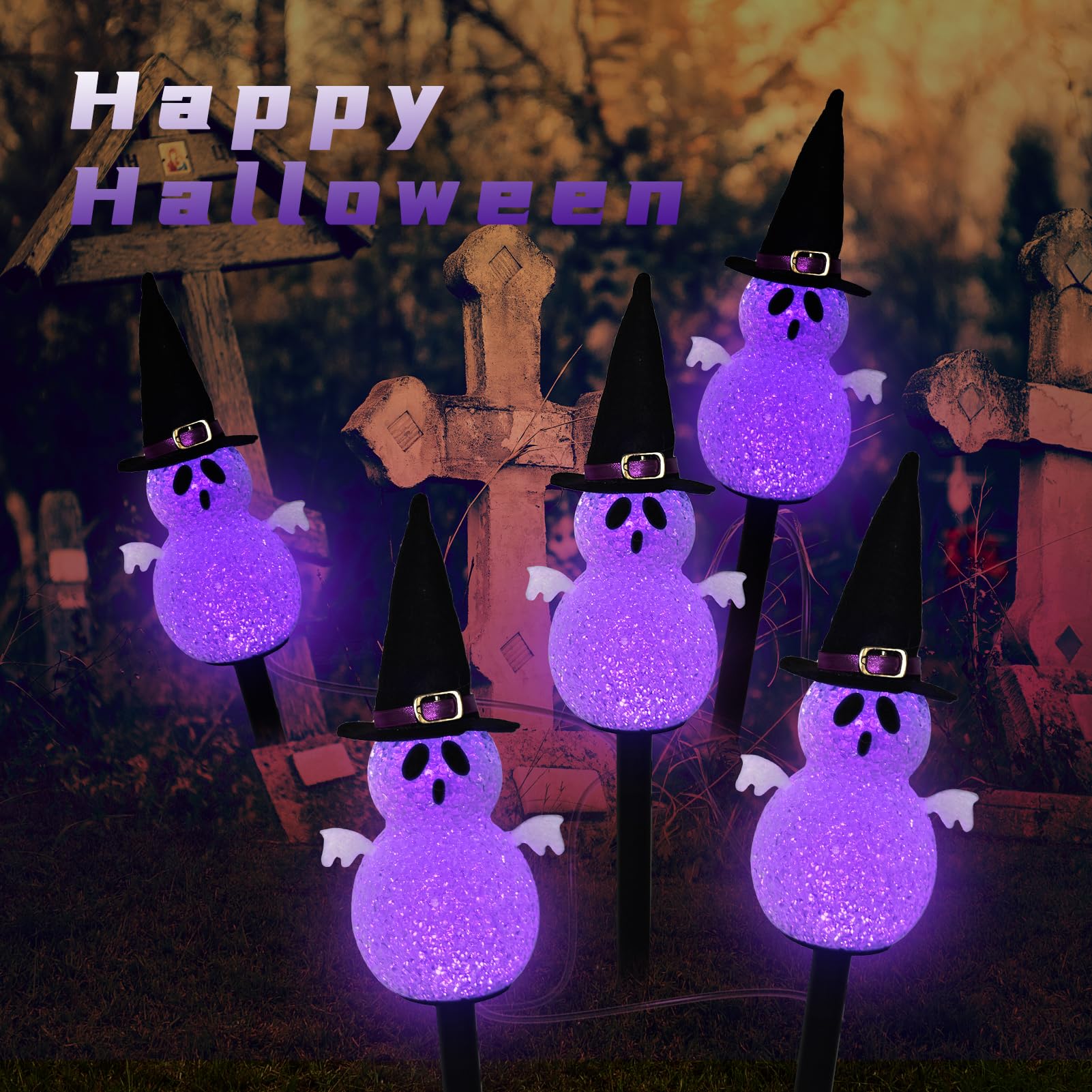 Solar Halloween Pathway Lights Outdoor Decorations 5 Pack Ghost Garden Stake Lights  Waterproof Led Walkway Lights For Outside Patio Yard Halloween Decor (Purple Ghost)