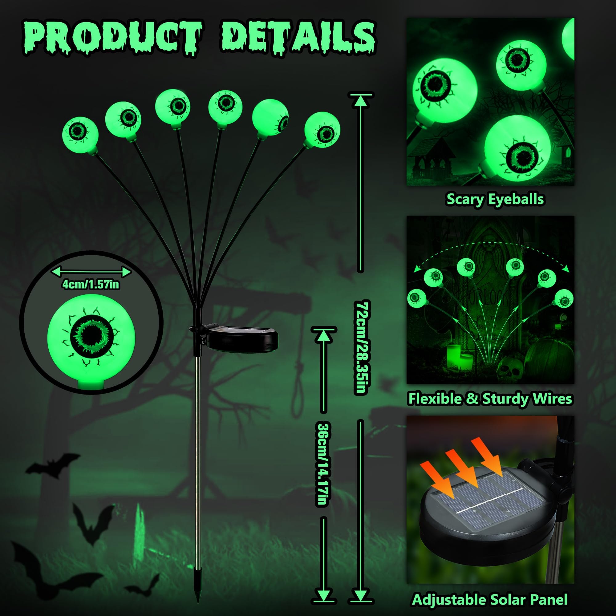 Brizlabs 4 Pack 24 Led Halloween Solar Lights  2 Modes Outdoor Halloween Eyeball Pathway Lights  Solar Spooky Walkway Light Waterproof  Green Swaying Firefly Lighting For Path Yard Garden Lawn