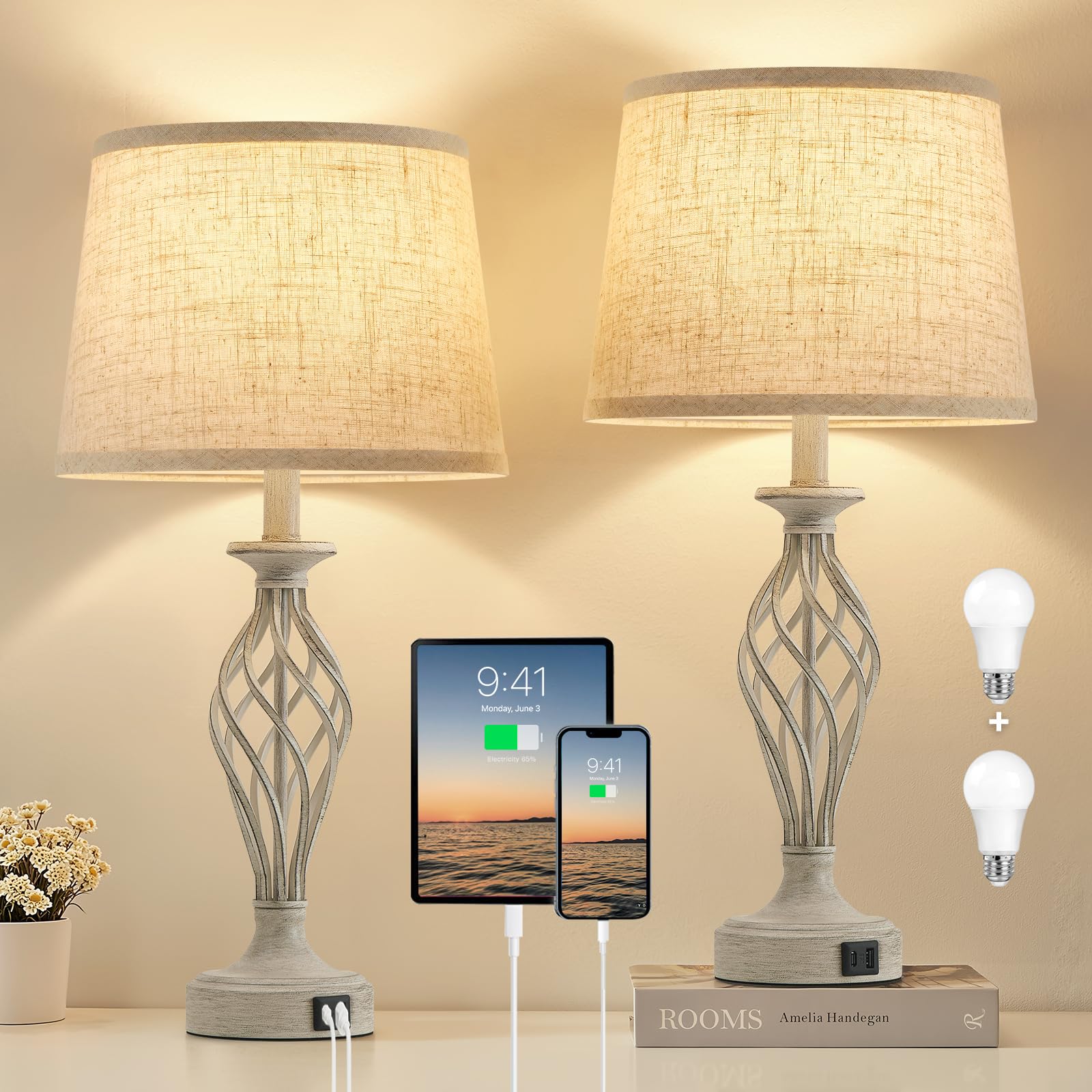 EJIAXIN Table Lamp for Bedroom Set of 2 - Light Grey Bedside Lamps with USB C+A Ports Rustic Distressed Farmhouse Bedroom Lamp - Lamp for Living Room Reading Bed Side End Table Bulbs Included