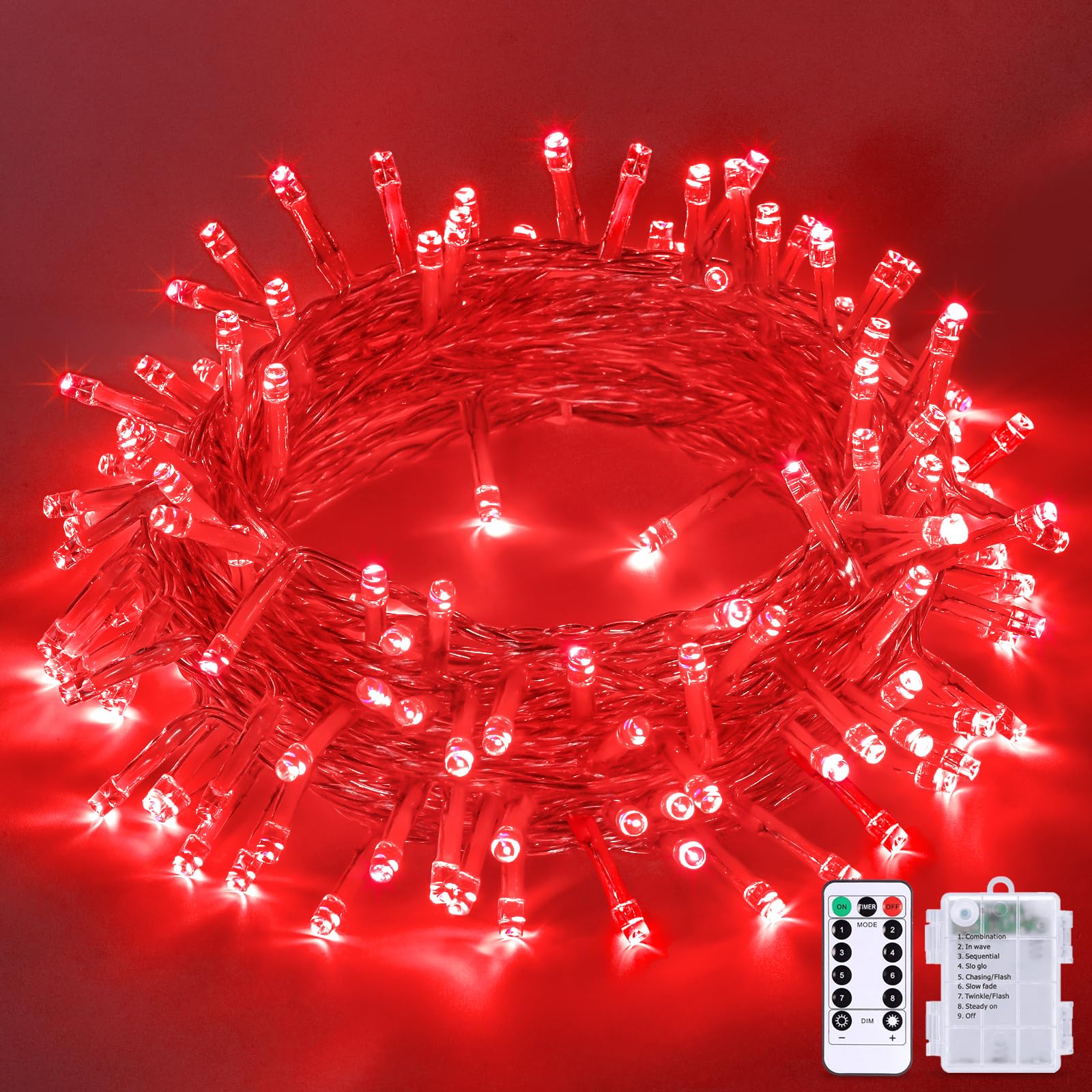 JMEXSUSS Battery Operated Christmas Lights, 33ft 100 LED, Waterproof Red Fairy String Lights for Indoor/Outdoor Valentine Decorations