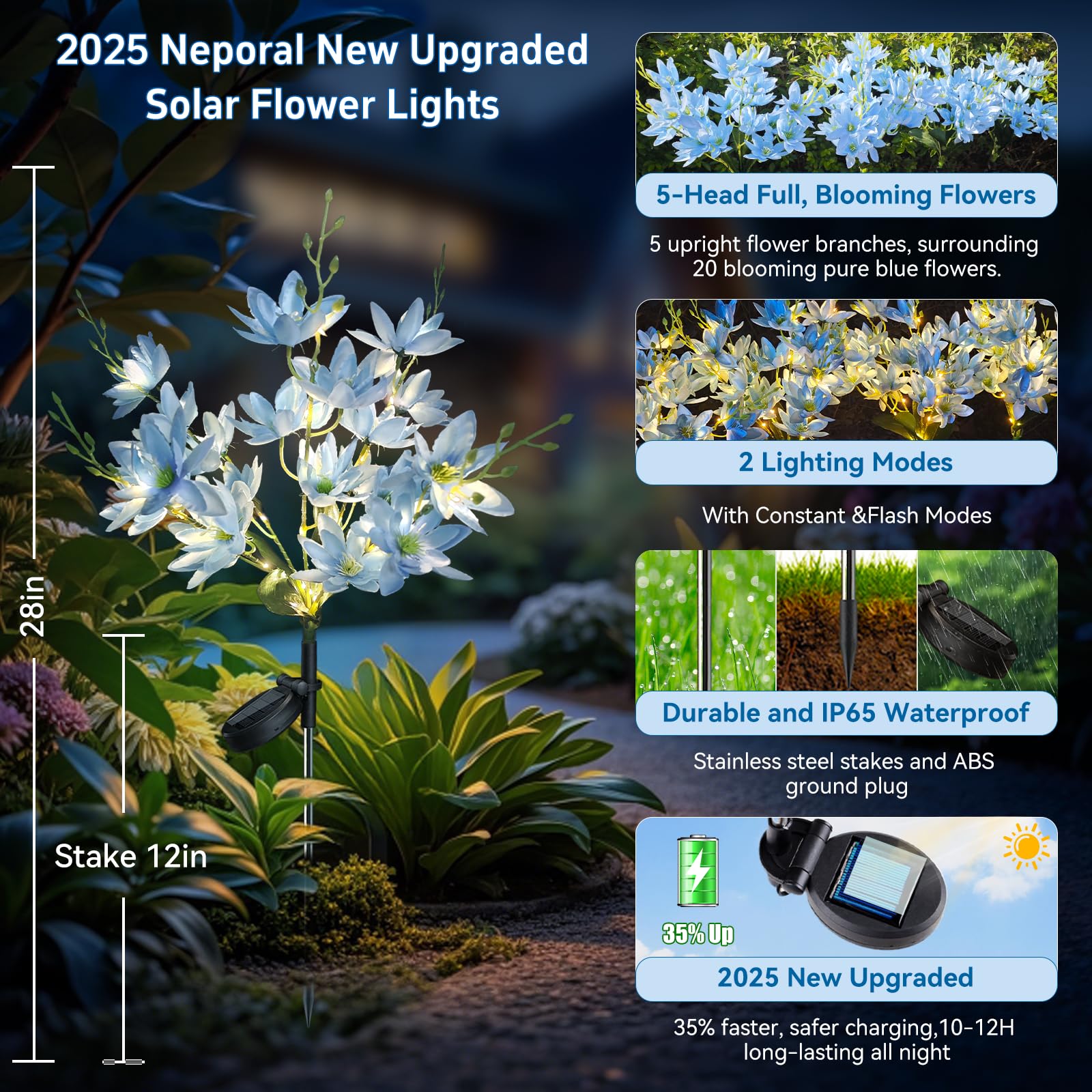 Neporal Solar Flowers 5-Head Snow Lotus, Waterproof IP65, Warm LED Light, 2 Packs, Blue