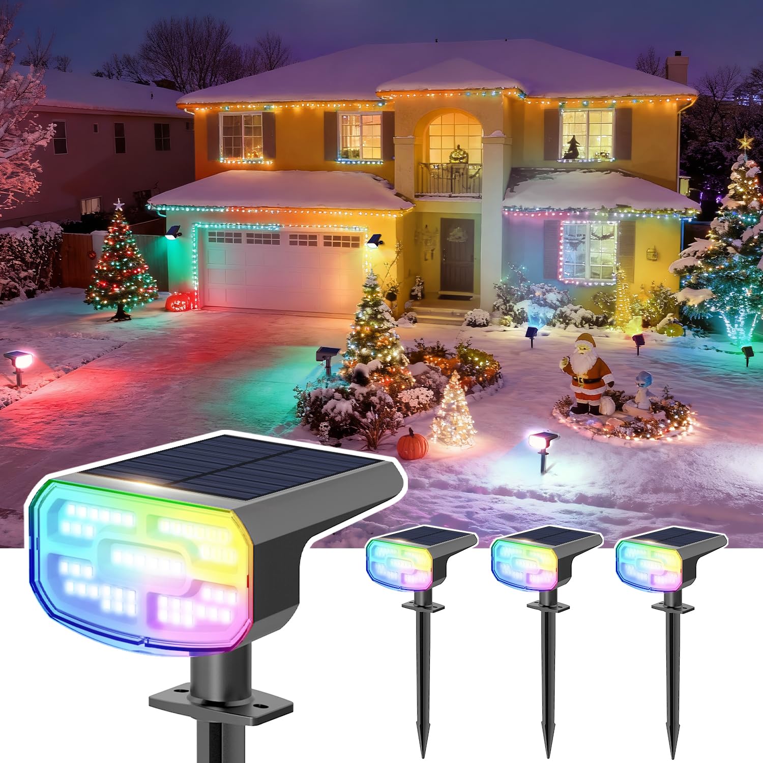 JEJOT Color Changing Solar Spot Lights Outdoor Waterproof IP65 9 Lighting Modes Multicolor RGB Christmas Spotlight for Porches Yard Gardens Landscape Deconrations-4 Pack