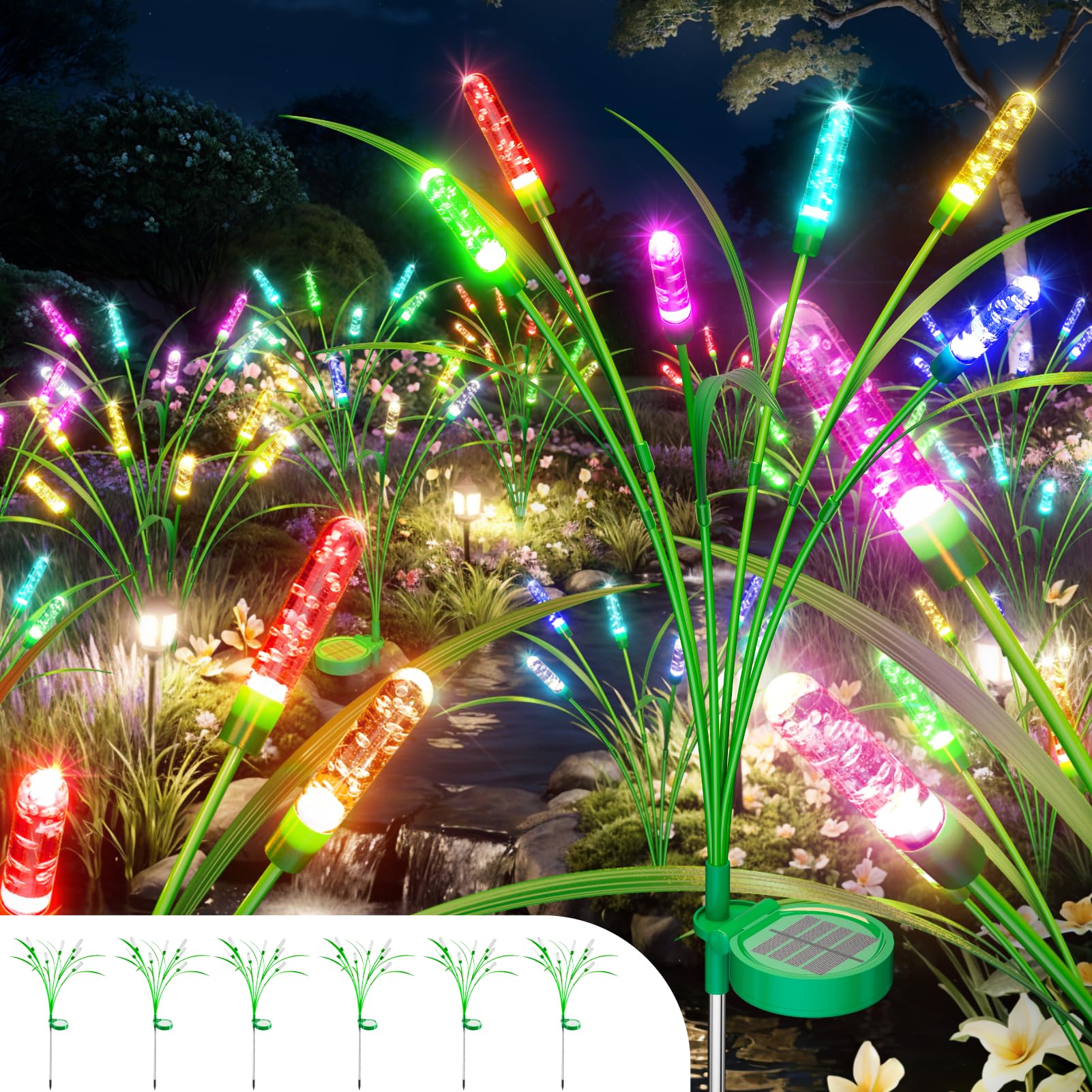 TopVelo 6 Packs Solar Garden Light, Multicolor, 30 Inch, IP65 Waterproof, Intelligent Light Control, Model: multi-coloredreedlight-6