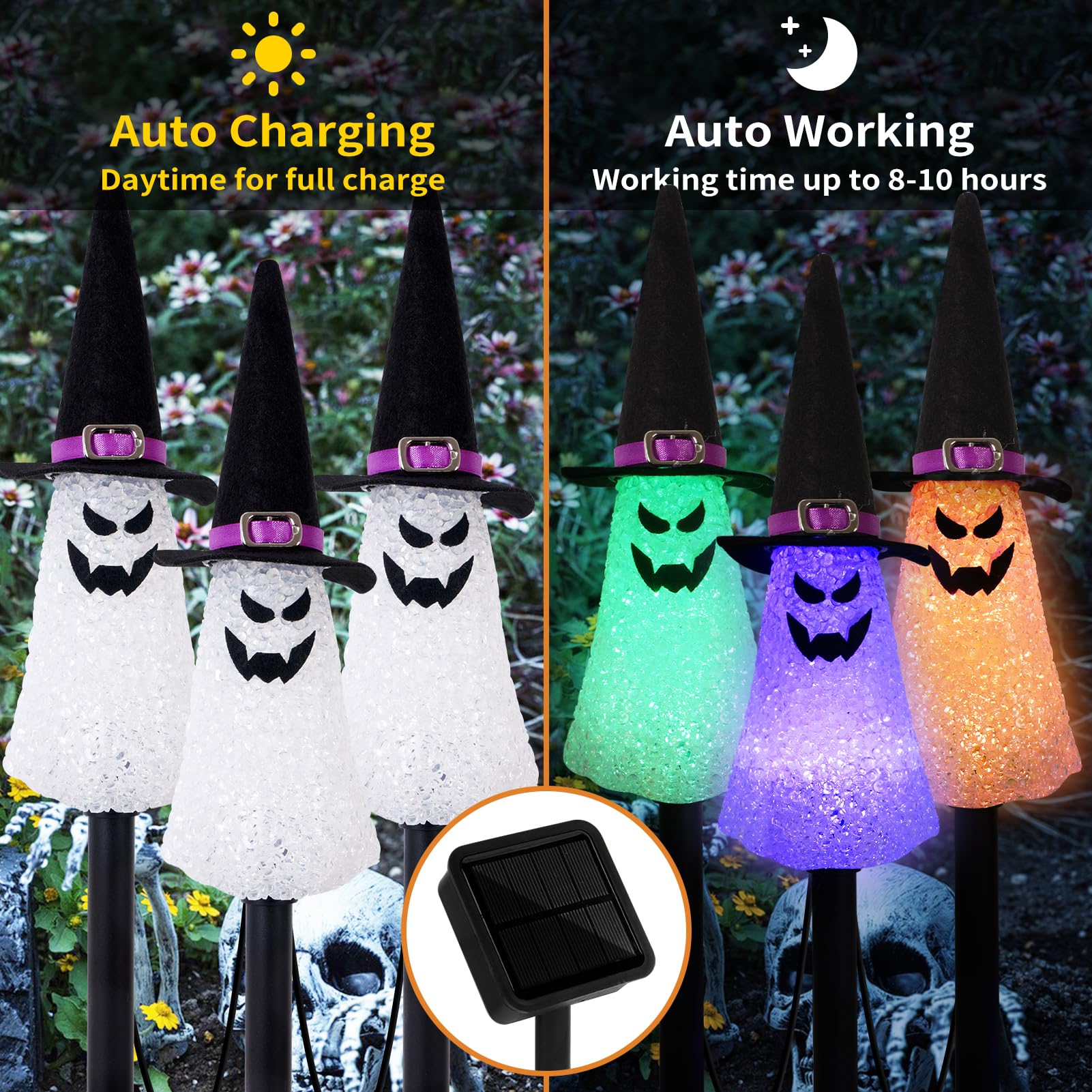 Lightshine 3Pcs Ghost Solar Halloween Decorations, Solar Landscape Pathway Lights,Solar Halloween Garden Stakes Lights, Outdoor Halloween Lights Decor For Yard, Patio, Porch (Orange+Purple+Green)