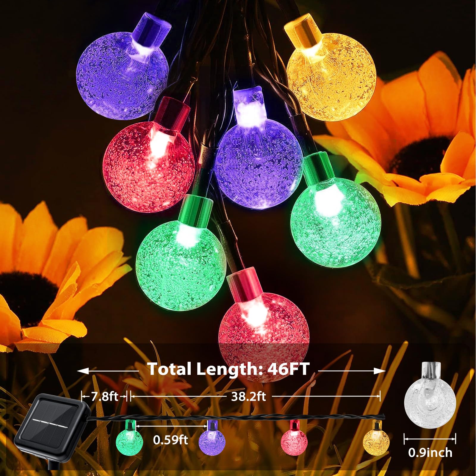 Galavasen Outdoor Solar String Lights, 46FT 66LED 8Modes Crystal Color Solar Powered Christmas Fairy String Lights for Outside Y