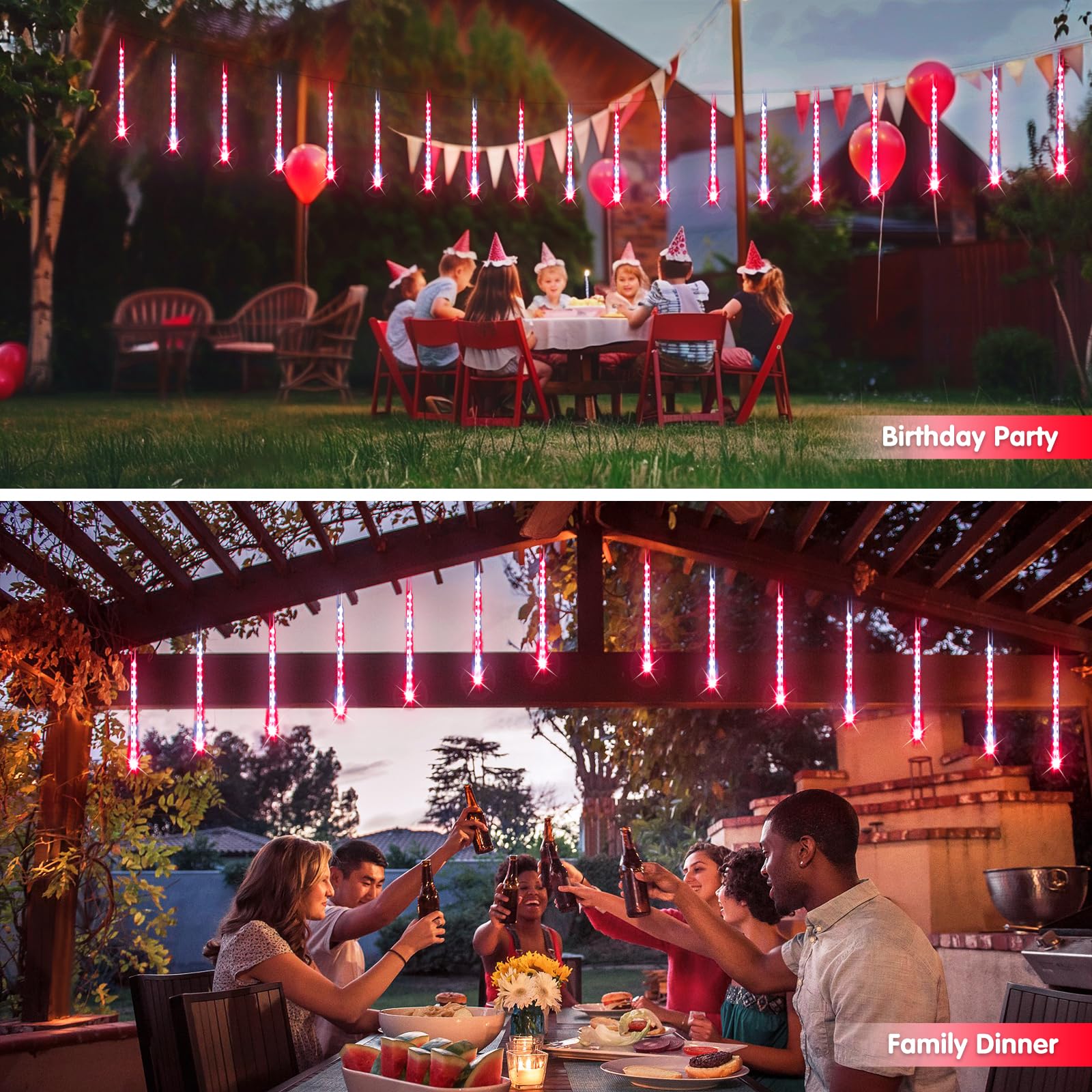 Jmexsuss Red And White Solar Meteor Shower Rain Lights, 30Cm 8 Tube 144 Led Solar Lights For Party Holiday Yard Patio Decorations