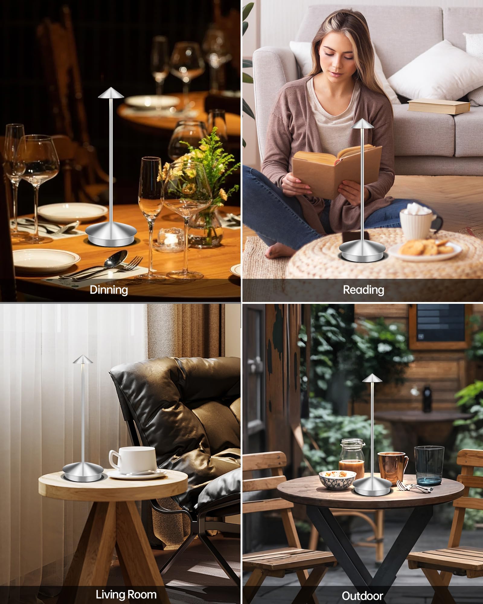 XMINKDZA Portable LED Table Lamp 2 Pack, Rechargeable 6000mAh, Dimmable, IP54 Waterproof, Silver, Aluminum, Model XDJDSJBBM