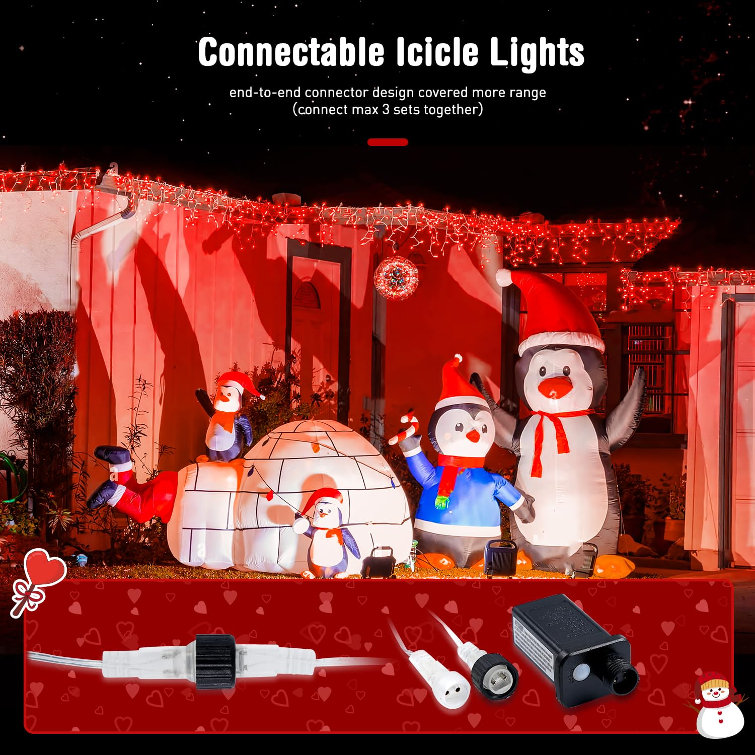 JMEXSUSS 400 LED Red Icicle Lights, Connectable Indoor/Outdoor, Remote Control, 38.8FT, Rubber, Model EXS-I-0400-R