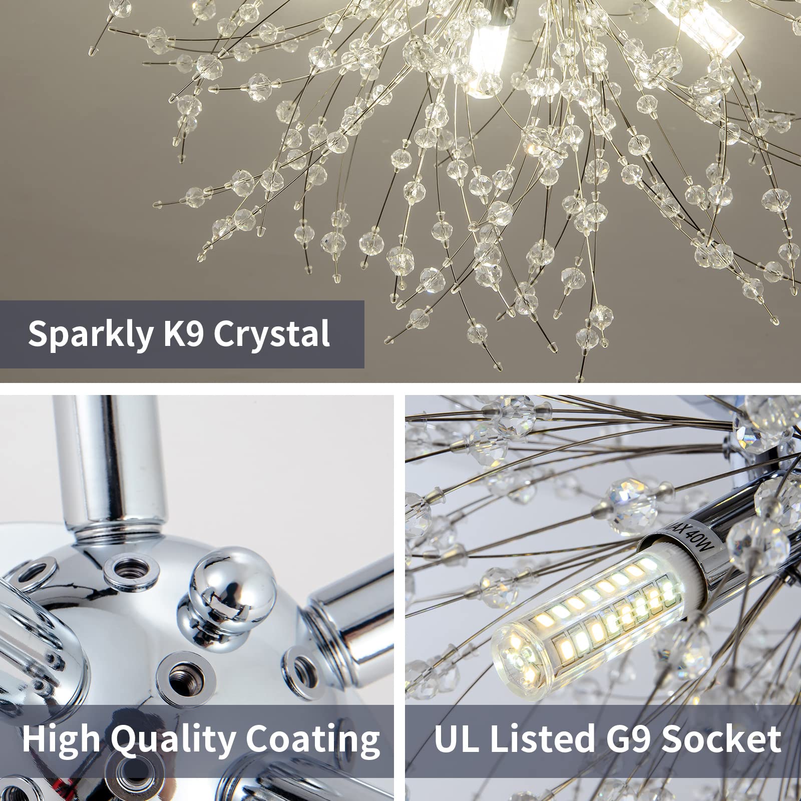 Tanlux Modern Mini Crystal Ceiling Light Fixture, 4-Light Chrome Crystal Sputnik Firework Chandelier, Semi Flush Mount Ceiling L