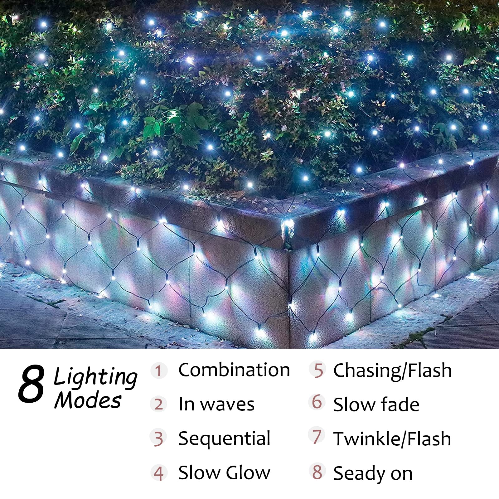 HEYCOLOR Solar Net Lights, 360 LED Cool White Mesh String Light, 21ft x 5ft, Waterproof, Green Wire, Remote Control