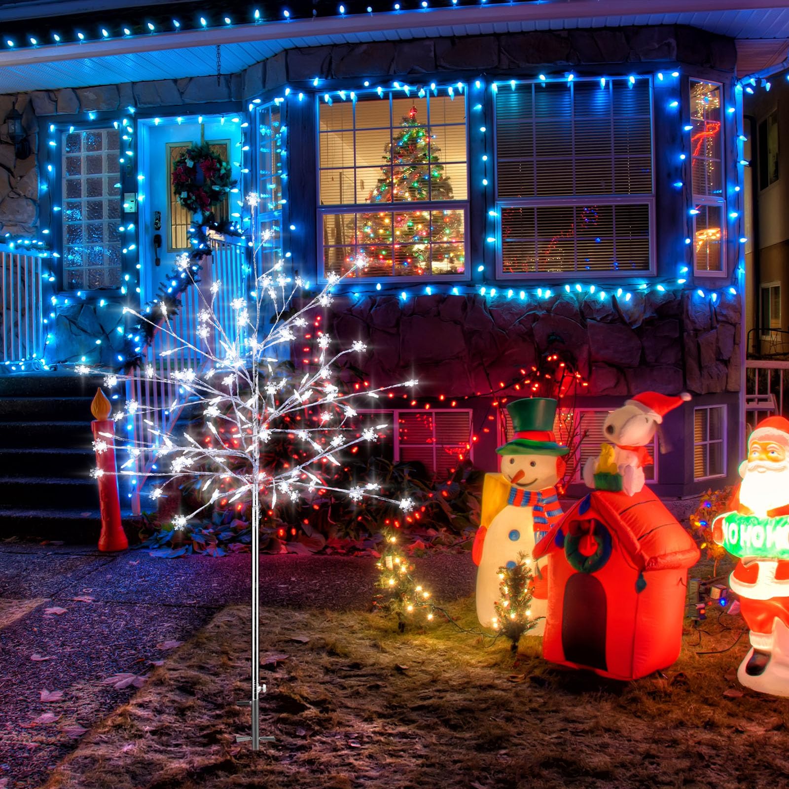 Baquler 2 Pack 5Ft Outdoor Christmas Decoration Pathway Light Stake Frosty Snowflake Christmas Tree White Light Pre Lit For Outs