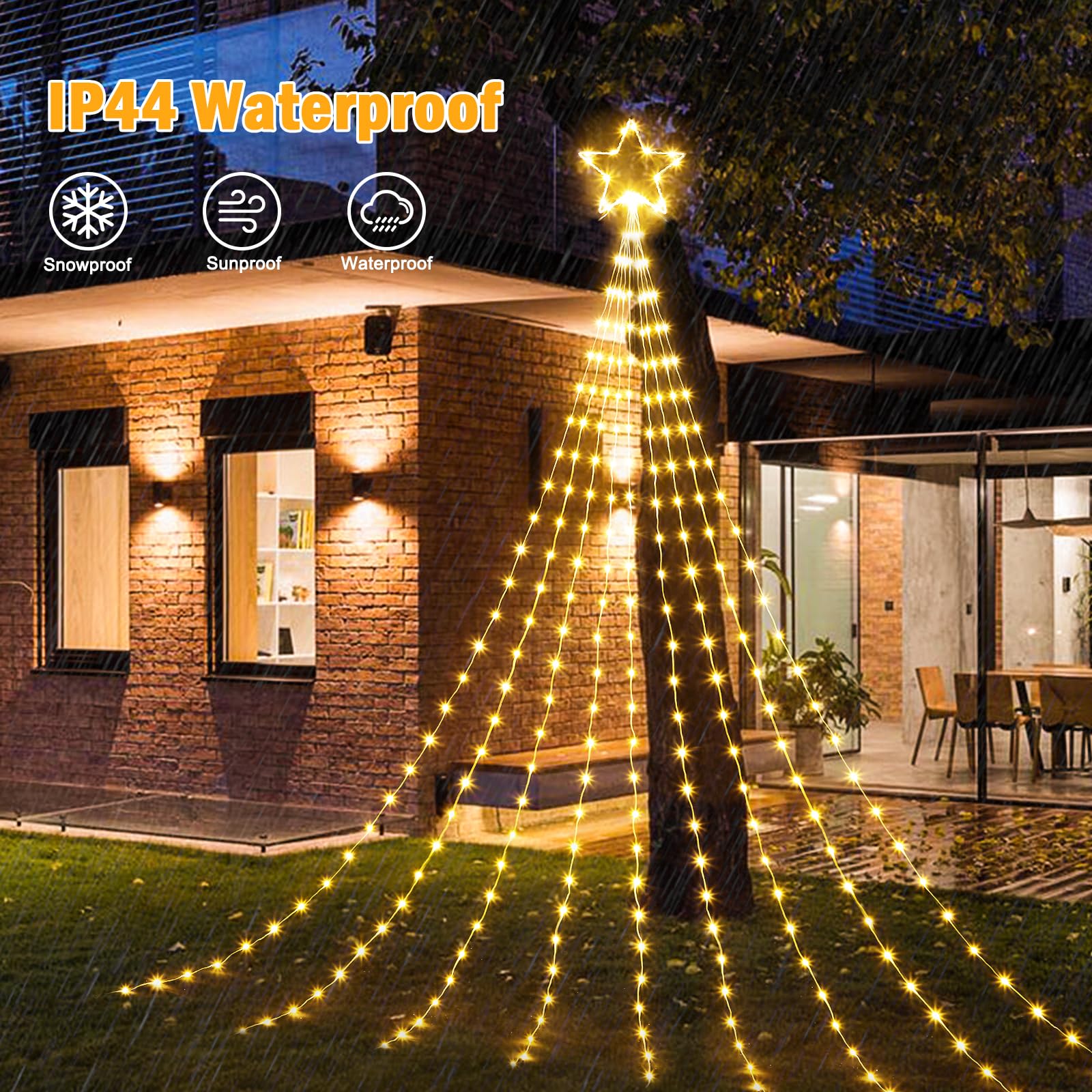 Brightown Christmas Star String Lights - 344 LED, 11.8ft Warm White Waterfall Lights, 8 Modes, Indoor/Outdoor Decor