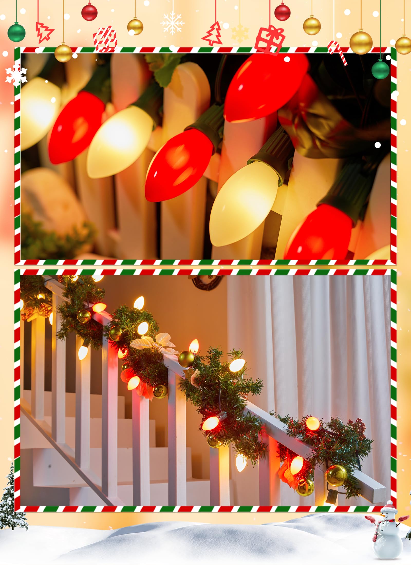 Minetom Vintage C9 LED Christmas Lights, 50FT String with 50 Shatterproof Bulbs, Red & Warm White, Waterproof for Outdoor Use