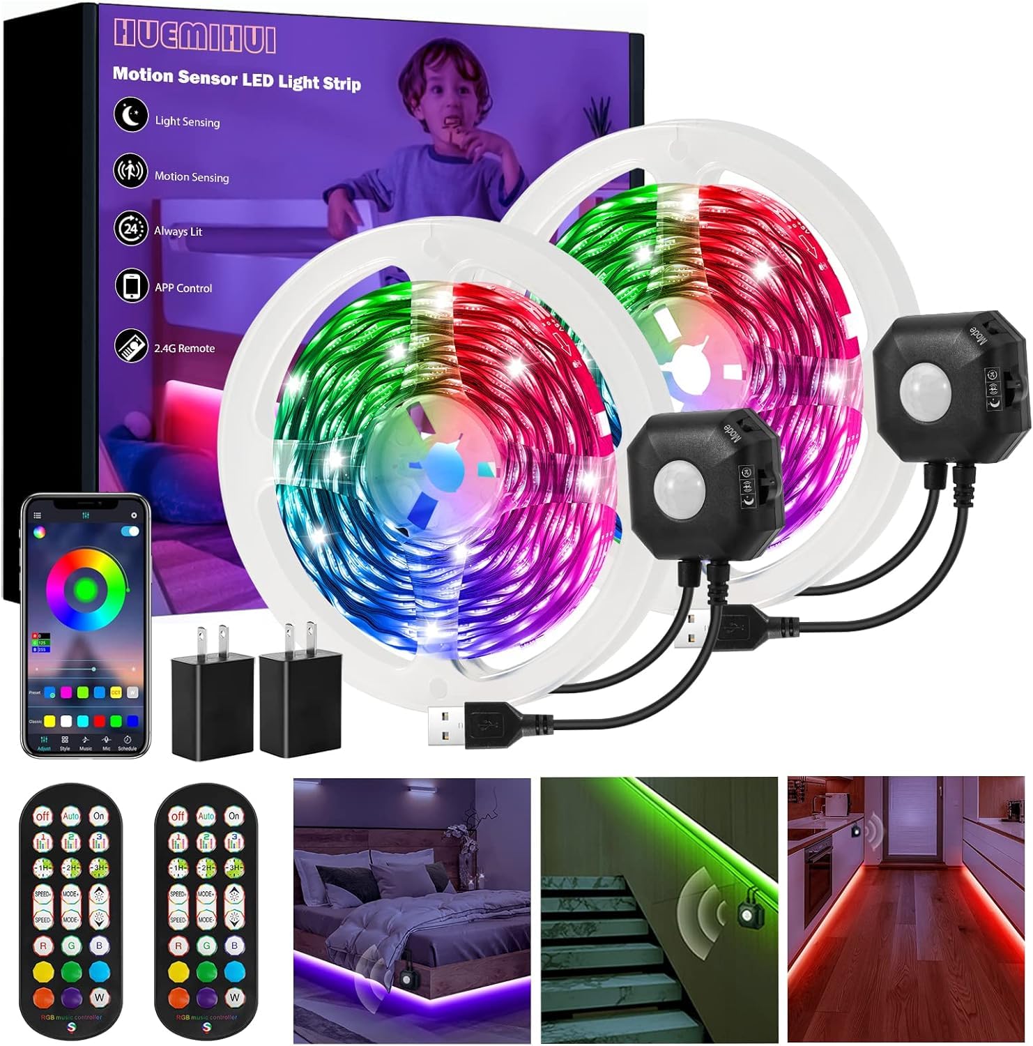 HUEMIHUI Motion Sensor LED Strip Lights, RGB Color, 2 Kits, 13.12Ft Each, Polyvinyl Chloride, App & RF Remote Control