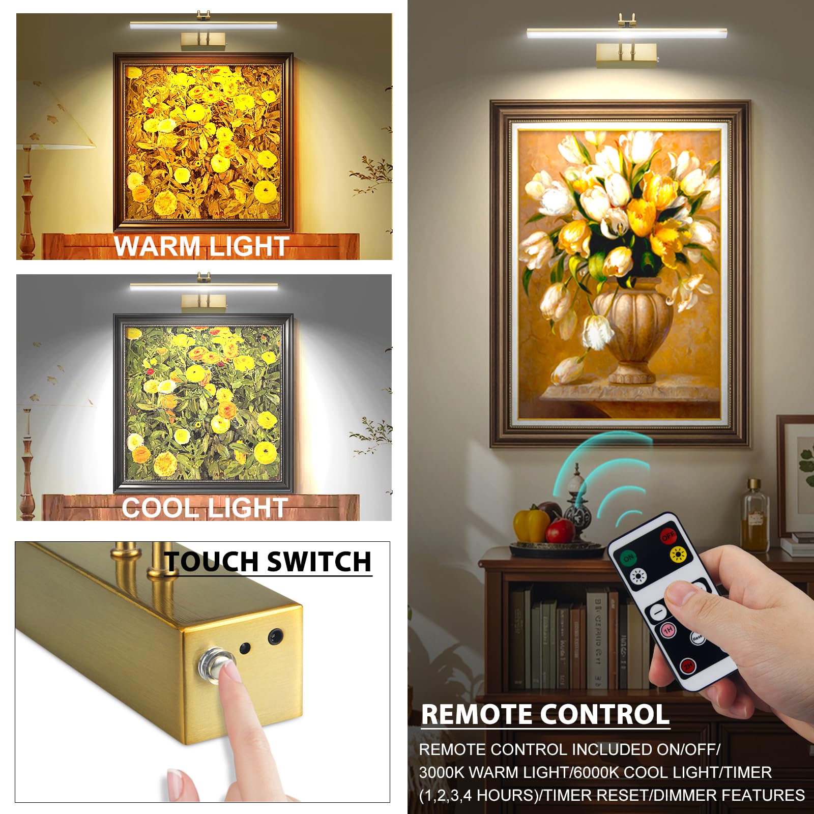RAIFOOLLY Picture Light, 16in Wireless Wall Lighting, Dimmable Remote Art Light, Brass, Model RF00181