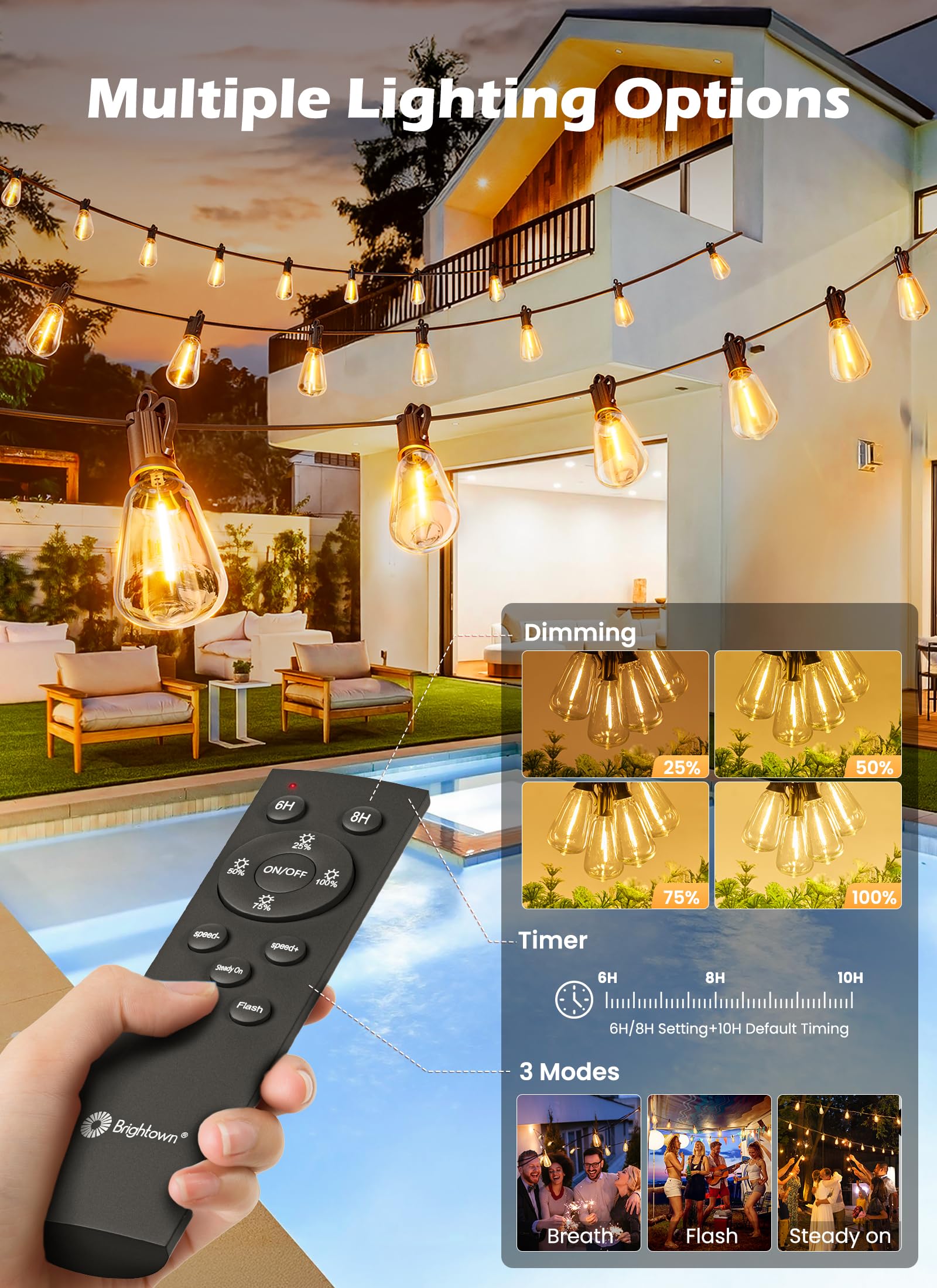 Brightown Solar String Lights Outdoor 75FT with 35 Warm White LED Bulbs, Waterproof, Remote Controlled, for Camping and Yard Decor