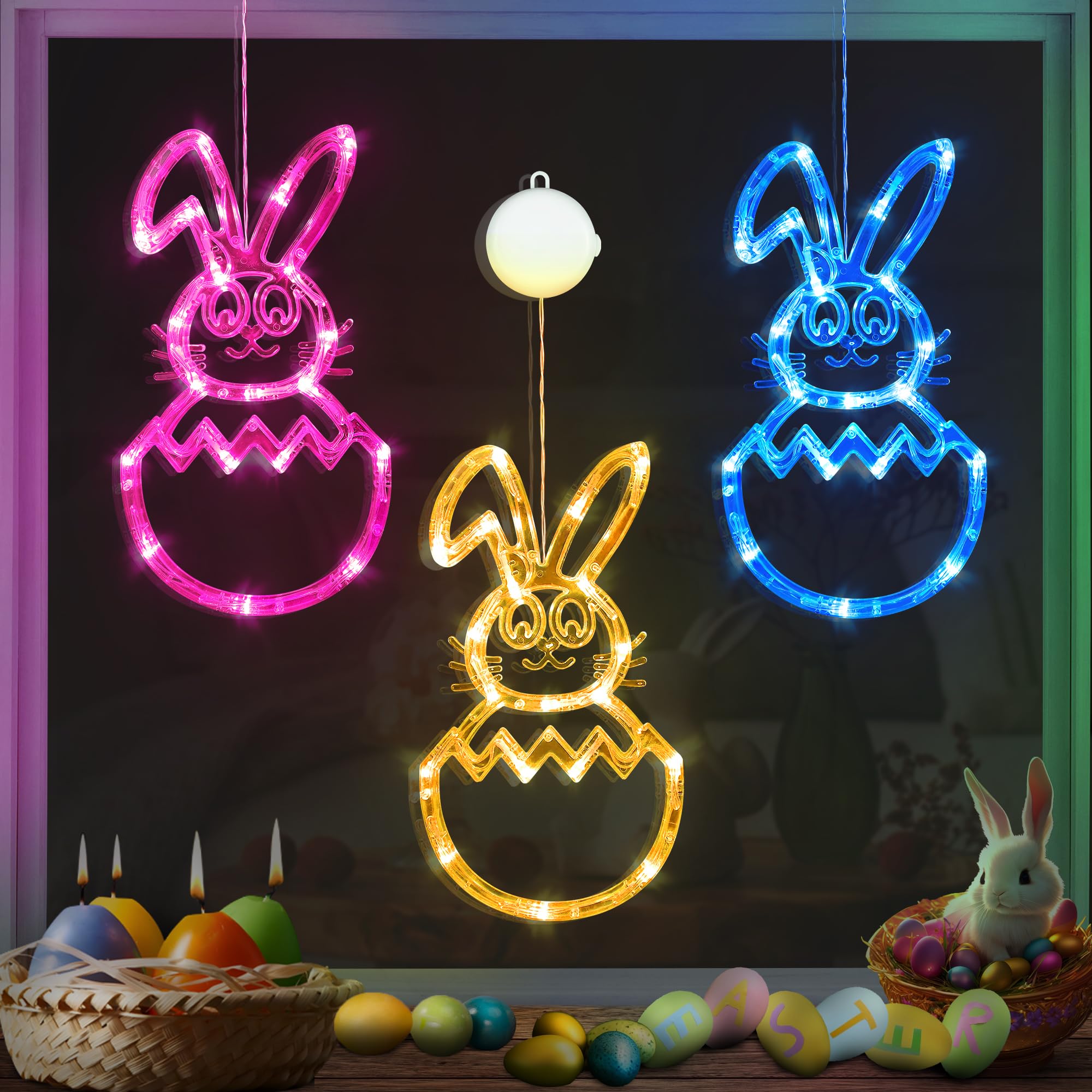 Faiclrr [Timer] Easter Bunny Eggs Window Lights 3 Pack, Blue Pink Yellow Easter Lights Battery Operated with Suction Cup Hook, H
