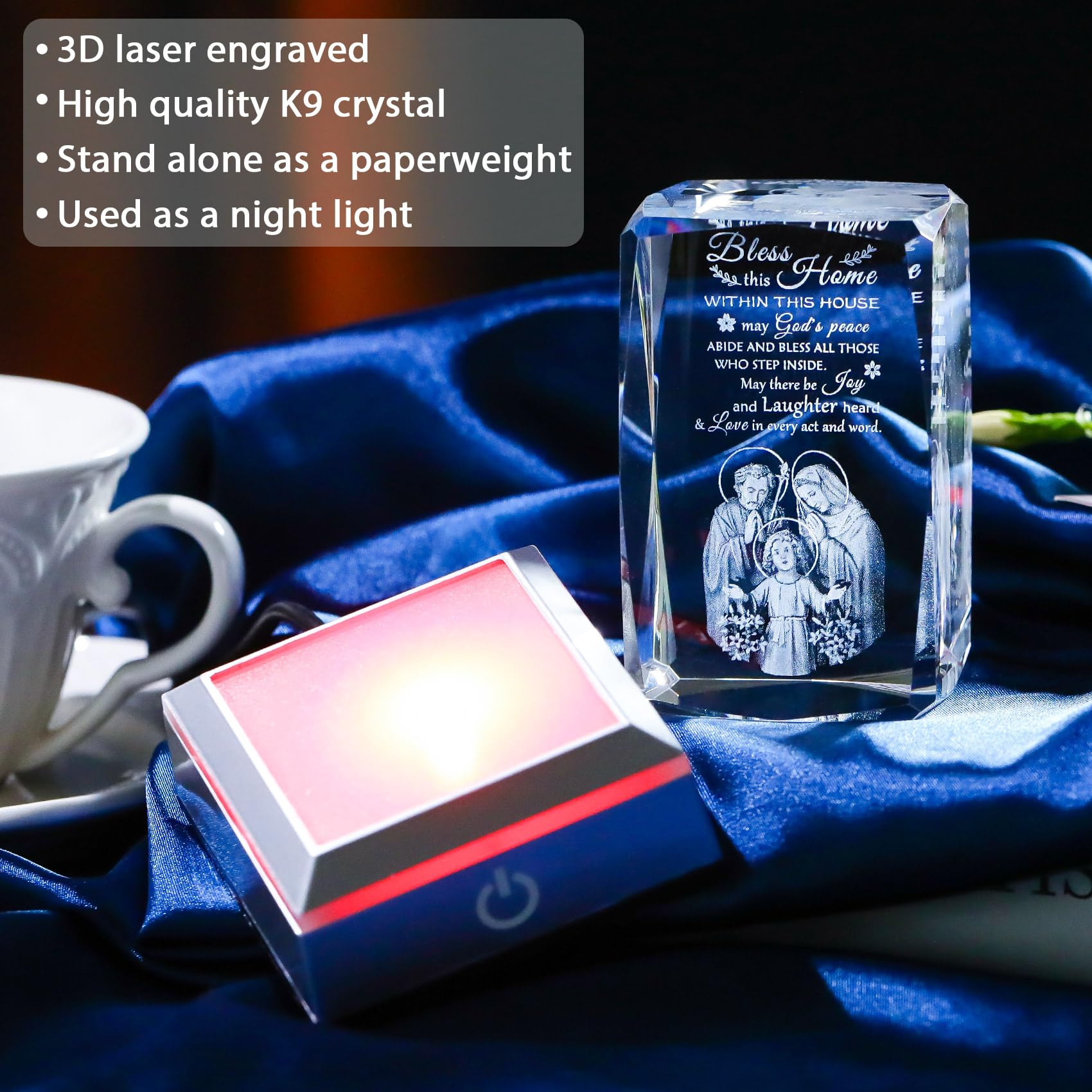 Movdyka House Warming Gifts New Home  Bless This Home Laser-Engraved Crystal Cube With Color-Changing Led Base - Spiritual Housewarming Gift For Christian Desk Decor
