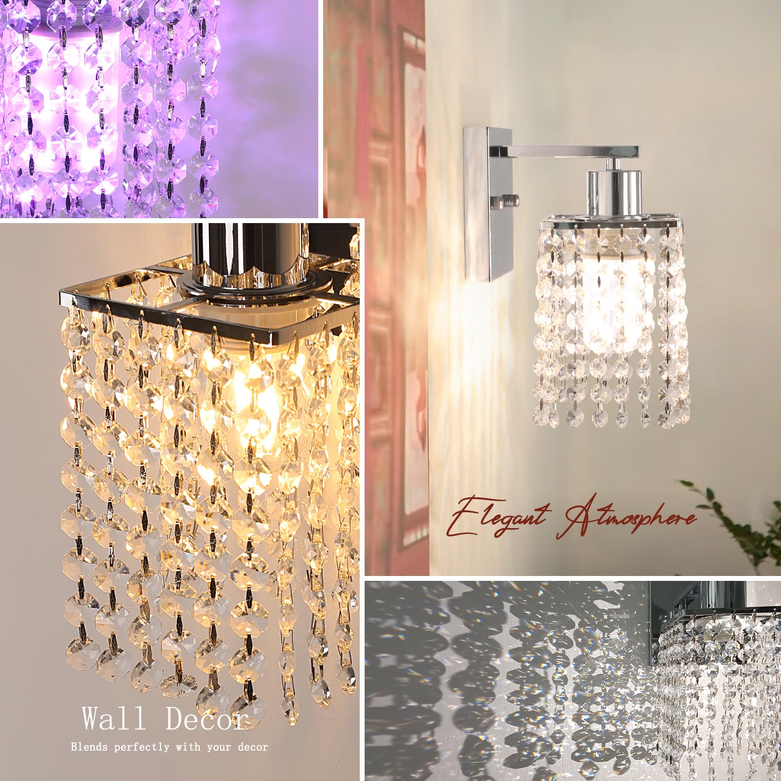 Shenmoyl Crystal Wall Sconce - Rechargeable Dimmable Lamp with 5200mAh Battery, Remote Control, Clear-Silver Base, Model 1-73090-wlamp