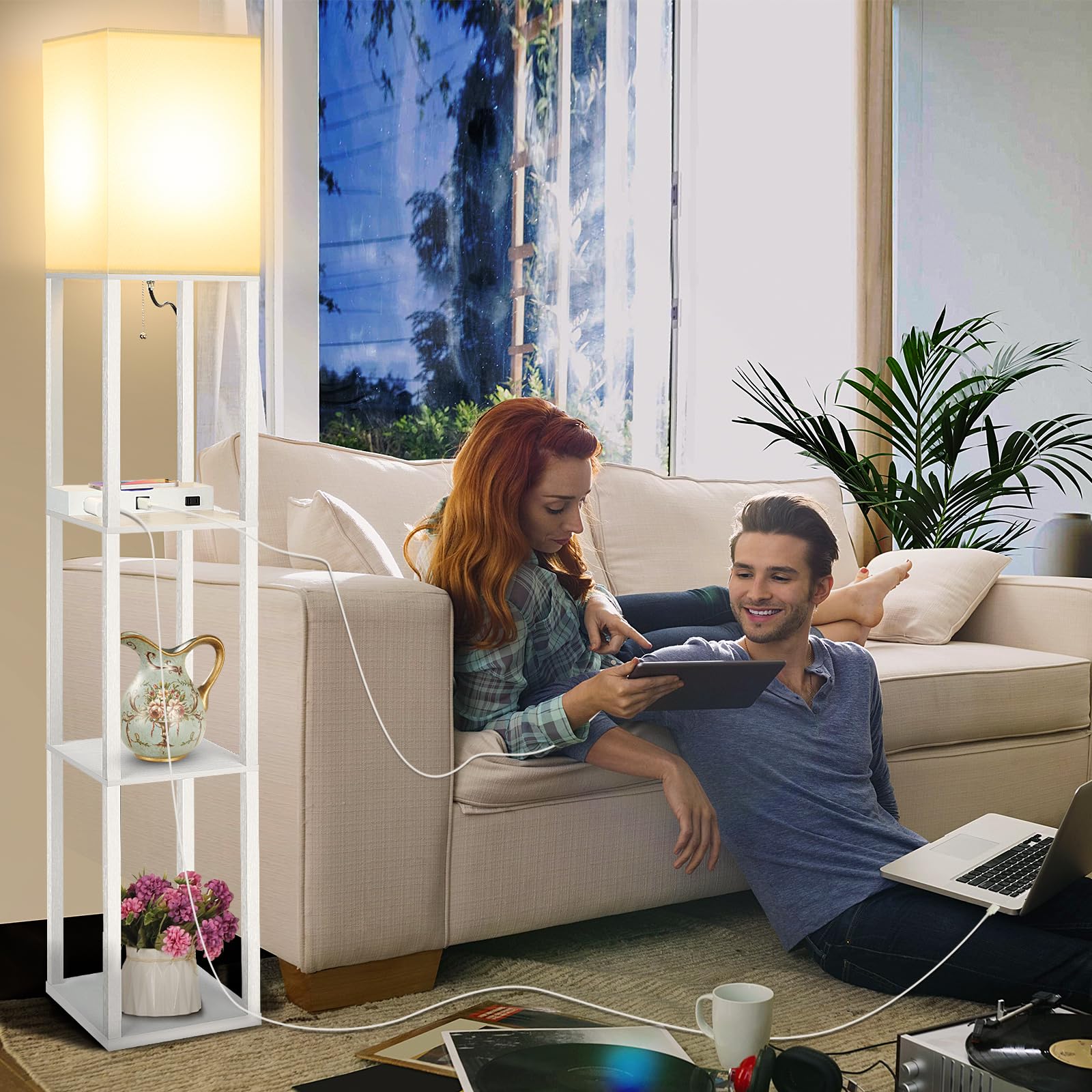Mlambert Modern Shelf Floor Lamp with Wireless Charger, USB Ports, 2 Outlets, 3-Tier Storage, Engineered Wood, White, Model A-092