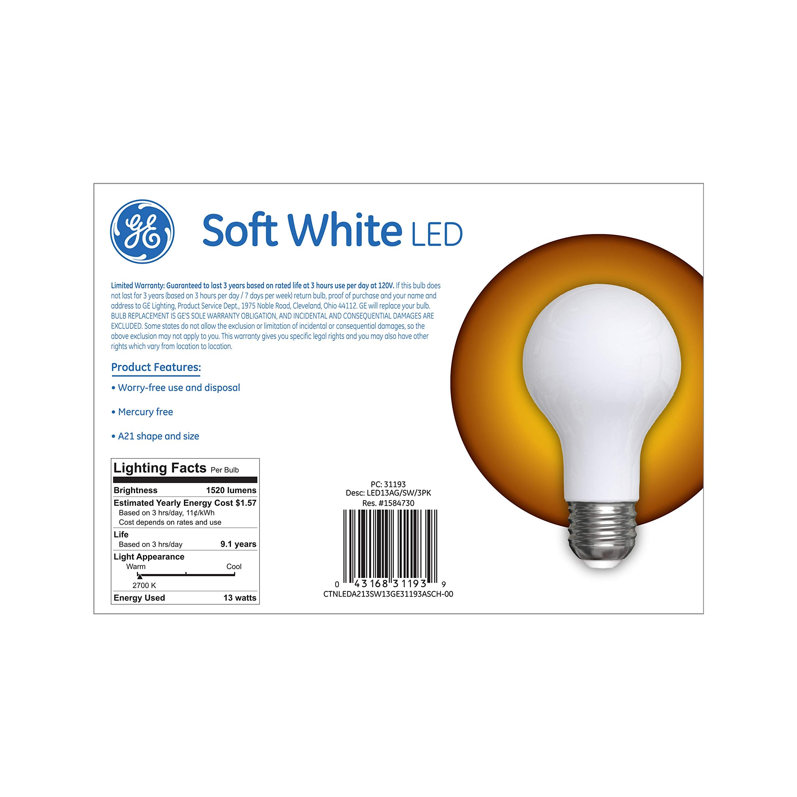 Ge Lighting 31193 General Purpose Classic Shape A21 Soft Led 13-Watt (100-Watt Replacement), 1520-Lumen Medium Base, 3 Count (Pa