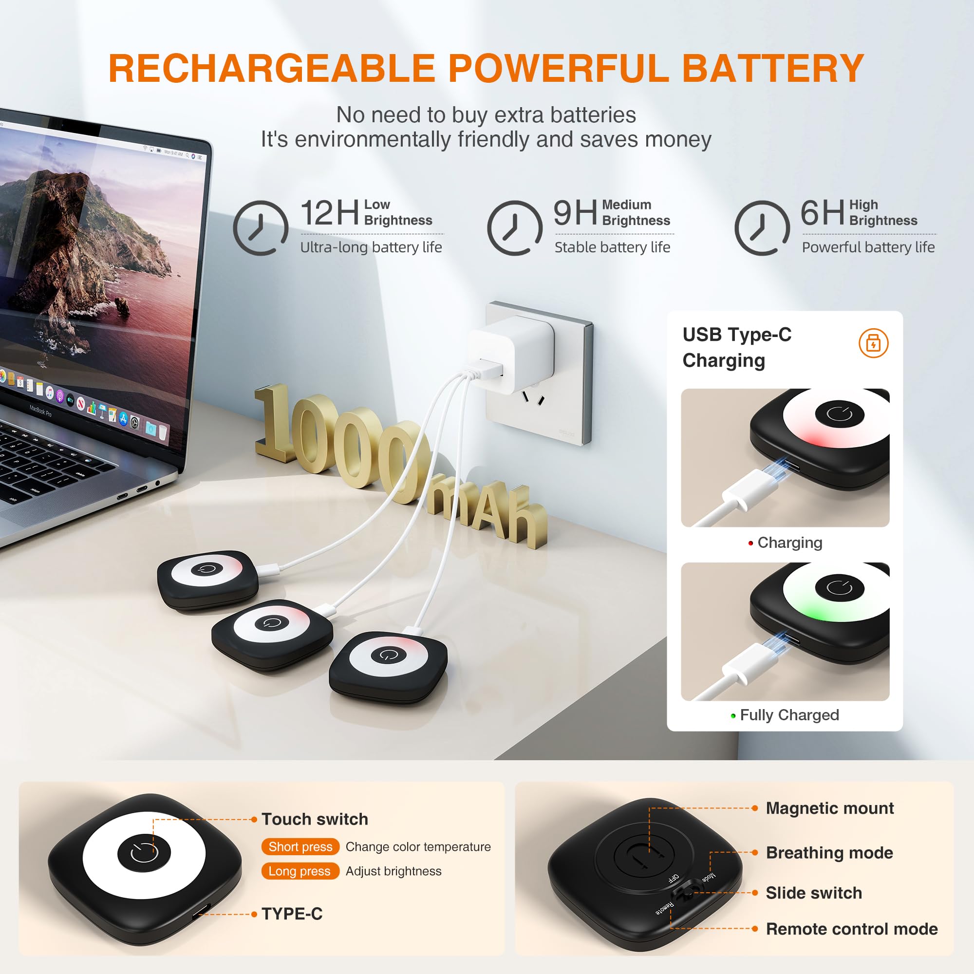 MICLIONLED Rechargeable Mini Puck Lights with Remote Control, Ultra-thin, Adjustable Brightness, 3 CCT, 6 Pack, Black, Model M3-GB15