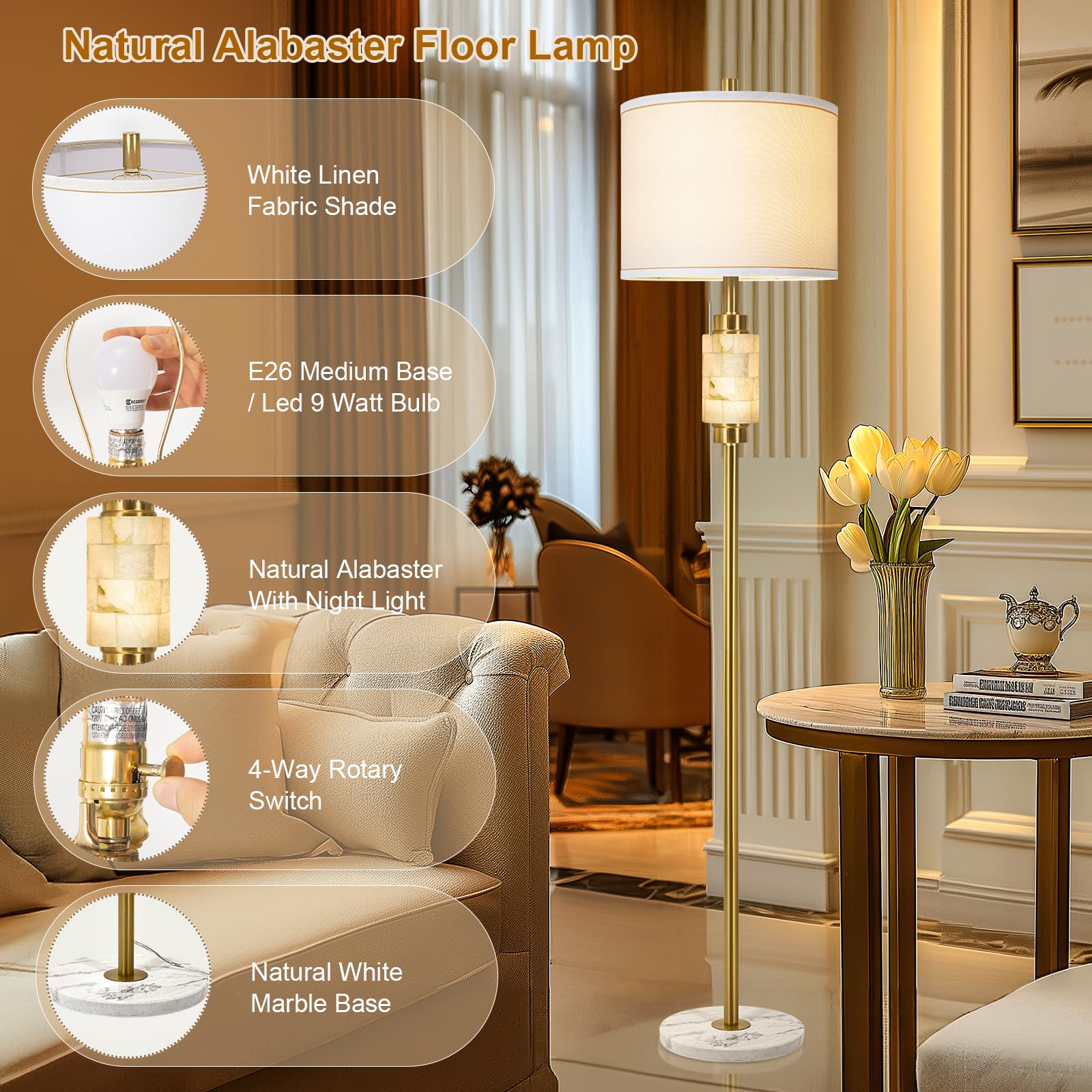 KIVDITZO Rustic Floor Lamp with Night Light, Marble Base, White Linen Shade, Gold Finish, Tall Design for Living Room, Bulb Included