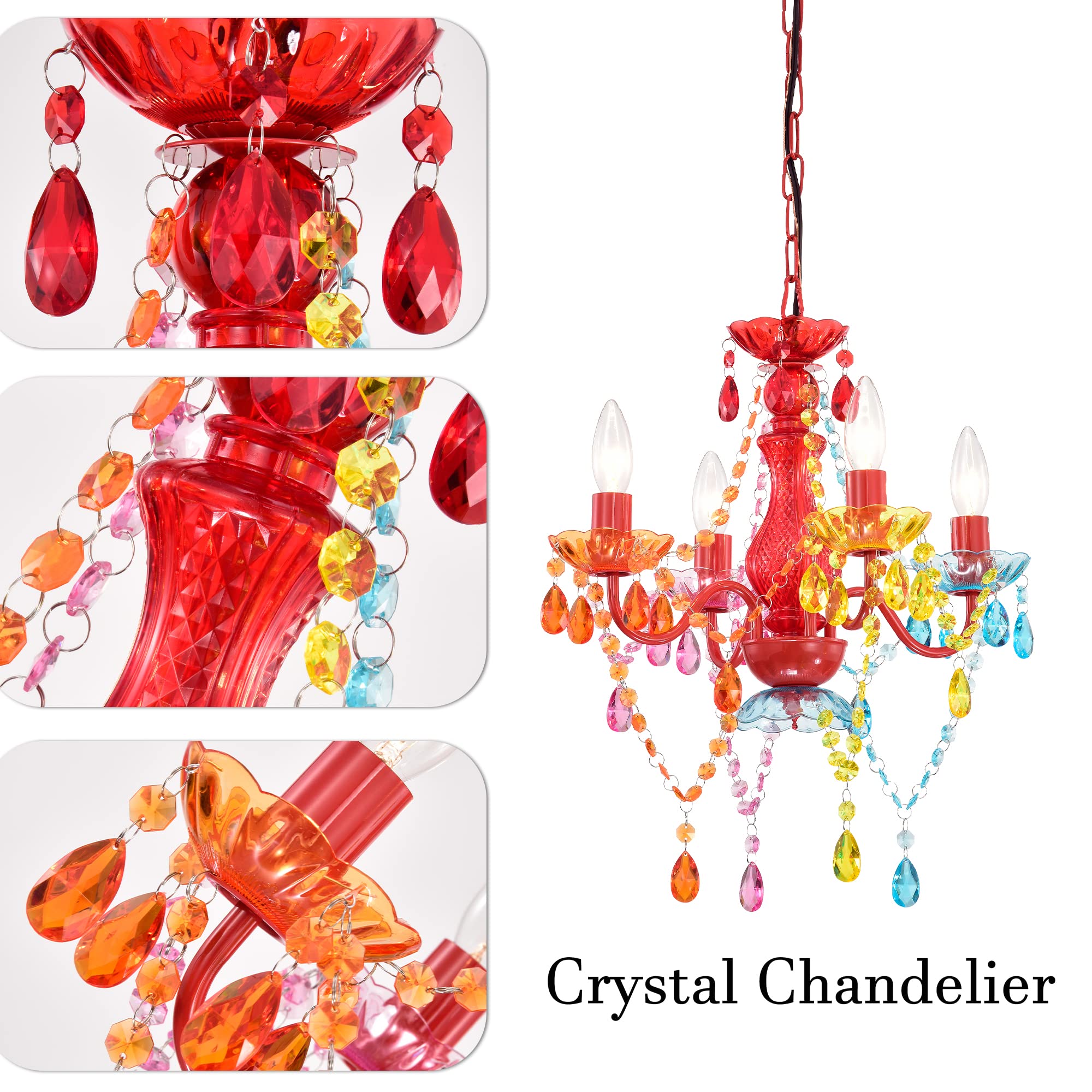 Alighting Plug in Chandelier Light Fixture, 4 Lights, Red, Model 19005M-4P, Acrylic Small Crystal for Bedrooms
