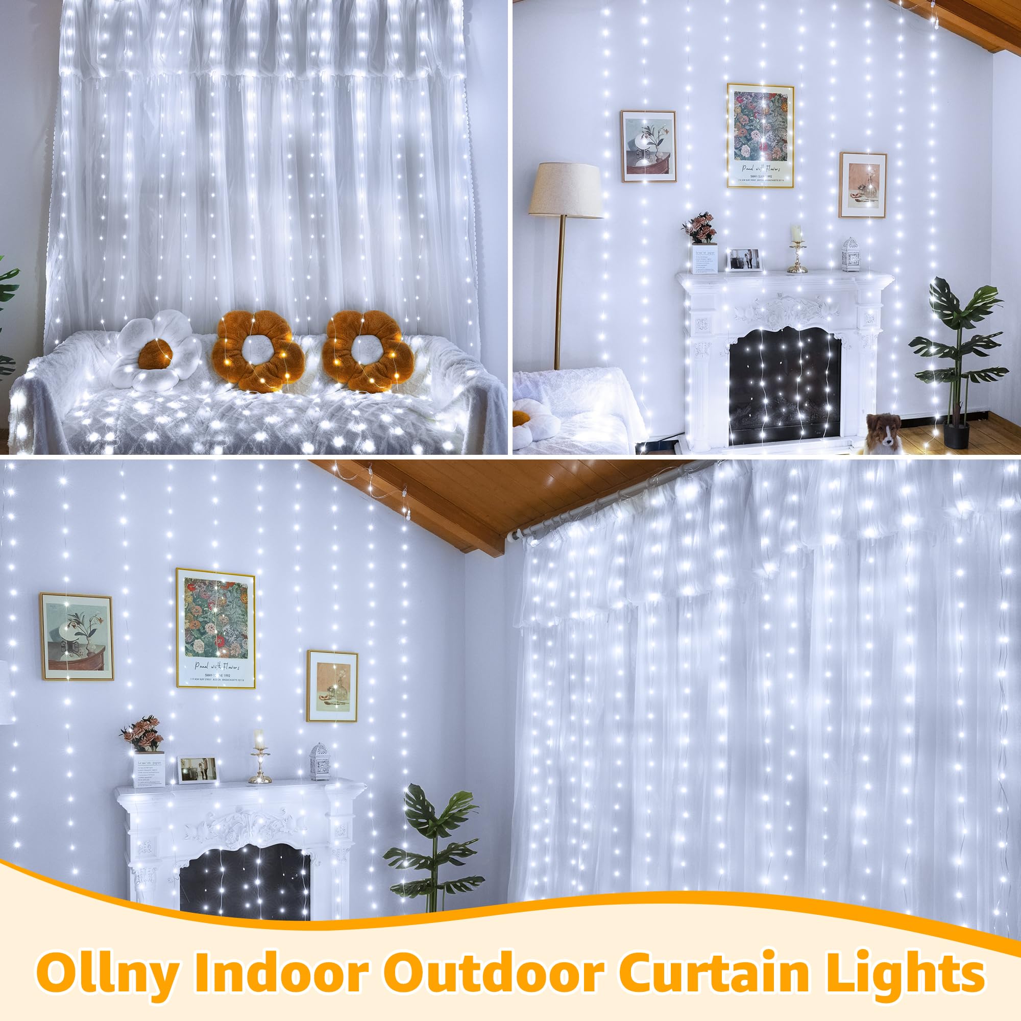 Ollny Curtain Lights 300Led 9.8Ftx9.8Ft  Connectable Ip67 Waterproof Outdoor Curtain String Lights With Remote  Plug-In Untangle Fairy Lights With 8 Modes 3 Timers For Wall Backdrop Decor(Cool White)