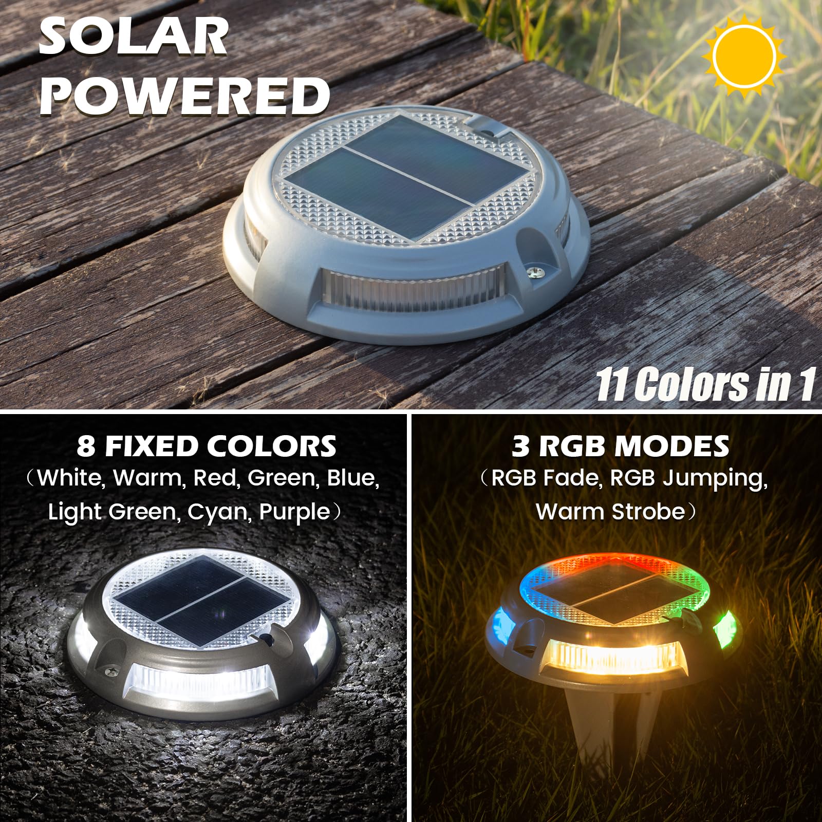 SIEDiNLAR Solar Driveway Lights, 16 LEDs, Waterproof Deck Markers, 8 Pack, RGB Colors, Model SD901G-8PK
