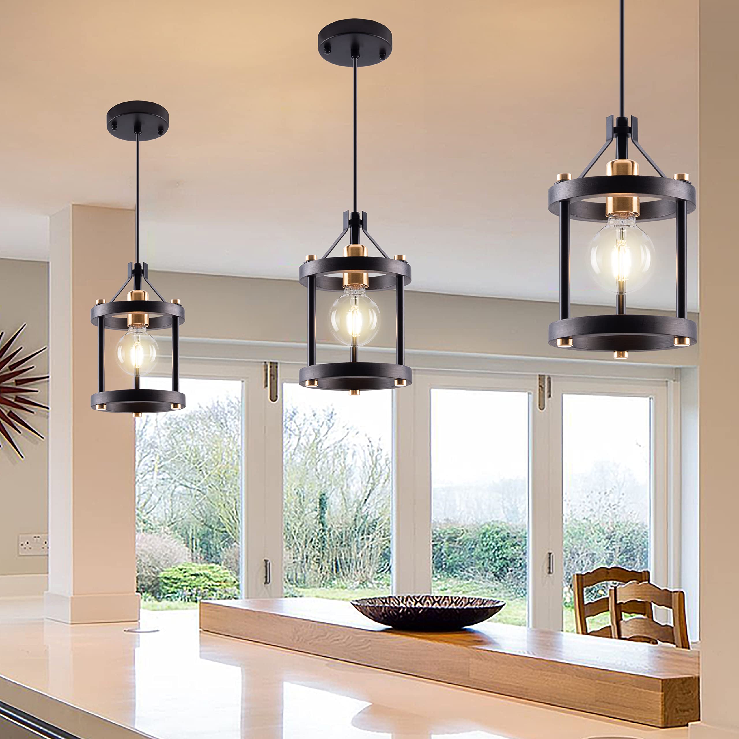 Mo&Ok Vintage Chandelier Set Of 3, Black Wooden Metal Pendant Lights For Dining Room & Kitchen