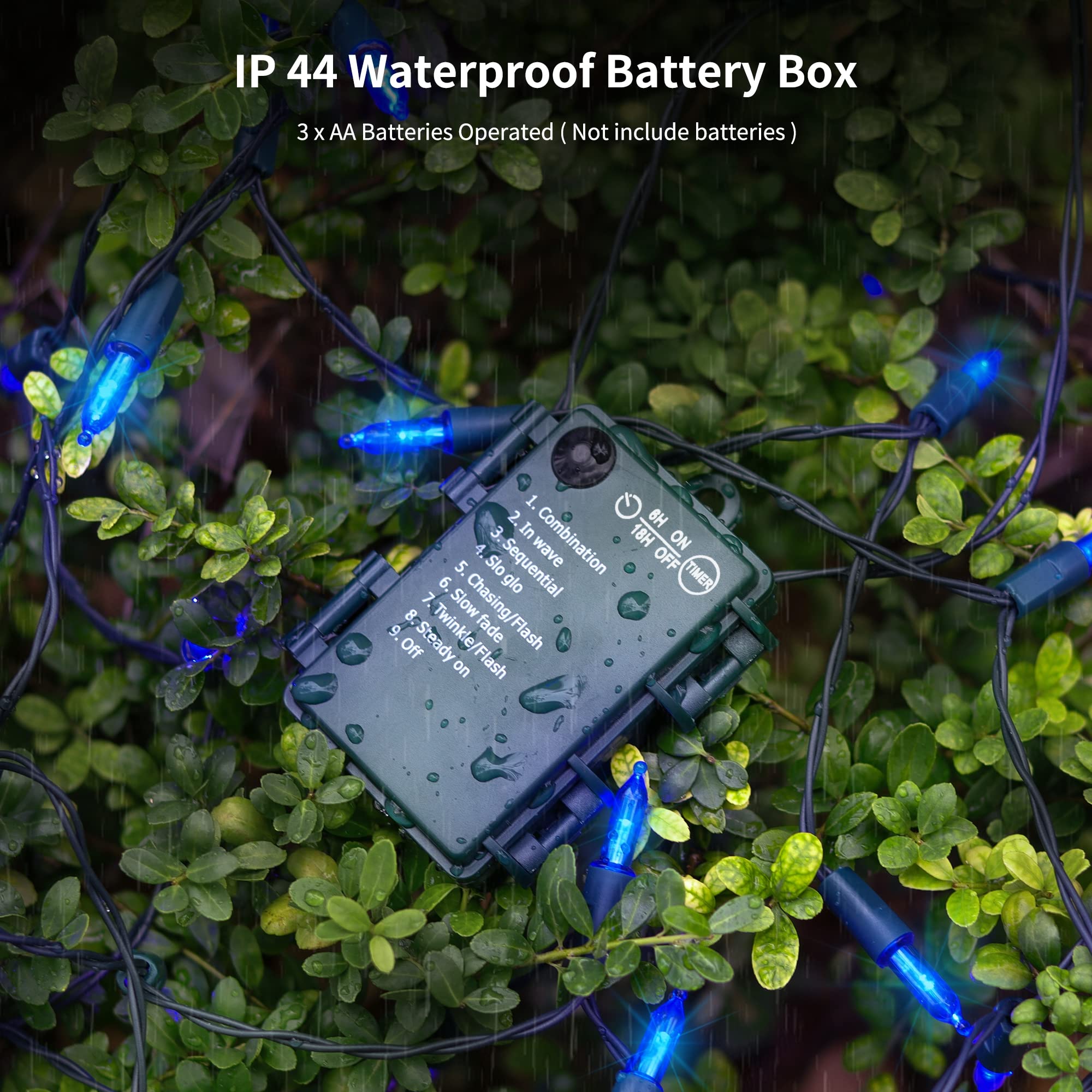 WATERGLIDE 50 LED Outdoor Christmas Lights, 16FT Battery Operated Mini String Lights, 8 Modes & Timer, Waterproof, Blue
