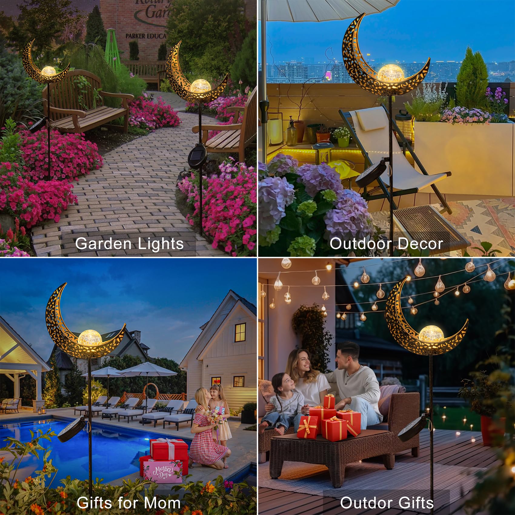 Homeimpro 2Pack Moon Garden Solar Lights Outdoor Stakes, Waterproof Crackle Glass Metal Patio, Backyard Decorations, Balcony Lawn Ornaments, Gifts For Mom Dad Grandma (Bronze)