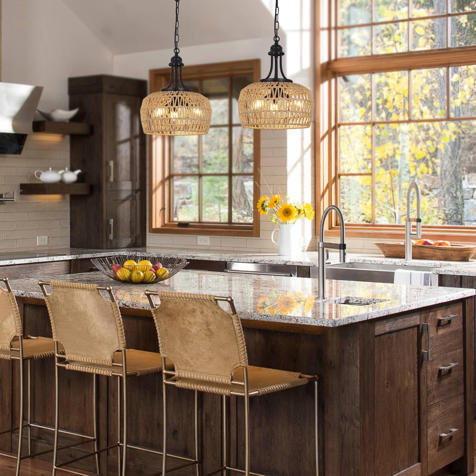 Hmvpl 3-Light Boho Rattan Chandelier - Woven Lampshade Coastal Pendant For Dining Room & Kitchen