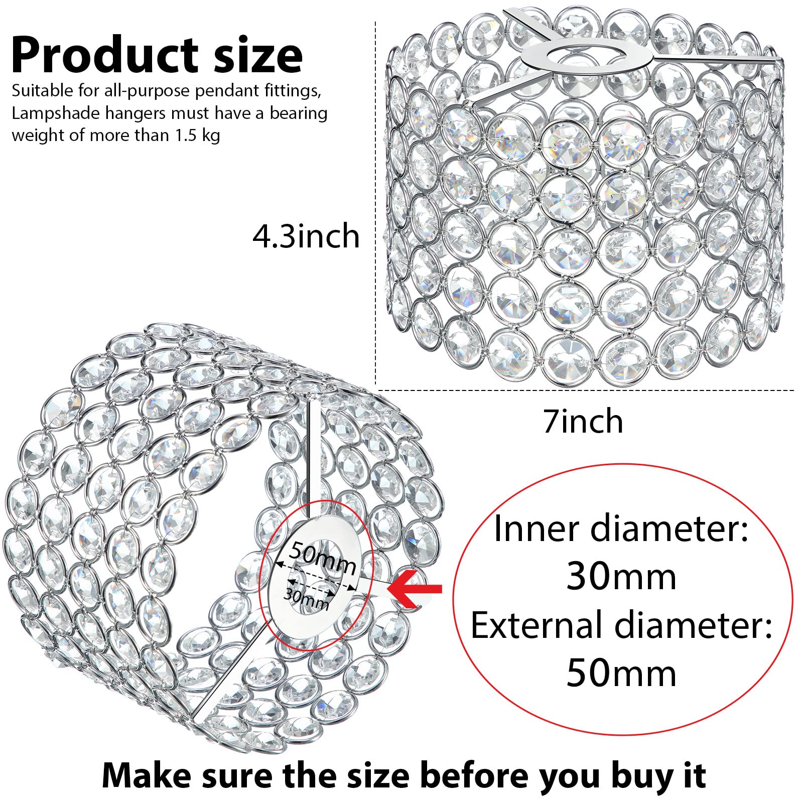 Boao Crystal Lamp Shade Chandelier, Warm White, 7 x 7 x 4.3 Inch, Silver, Model: Boao-Pendant Lights-p1432