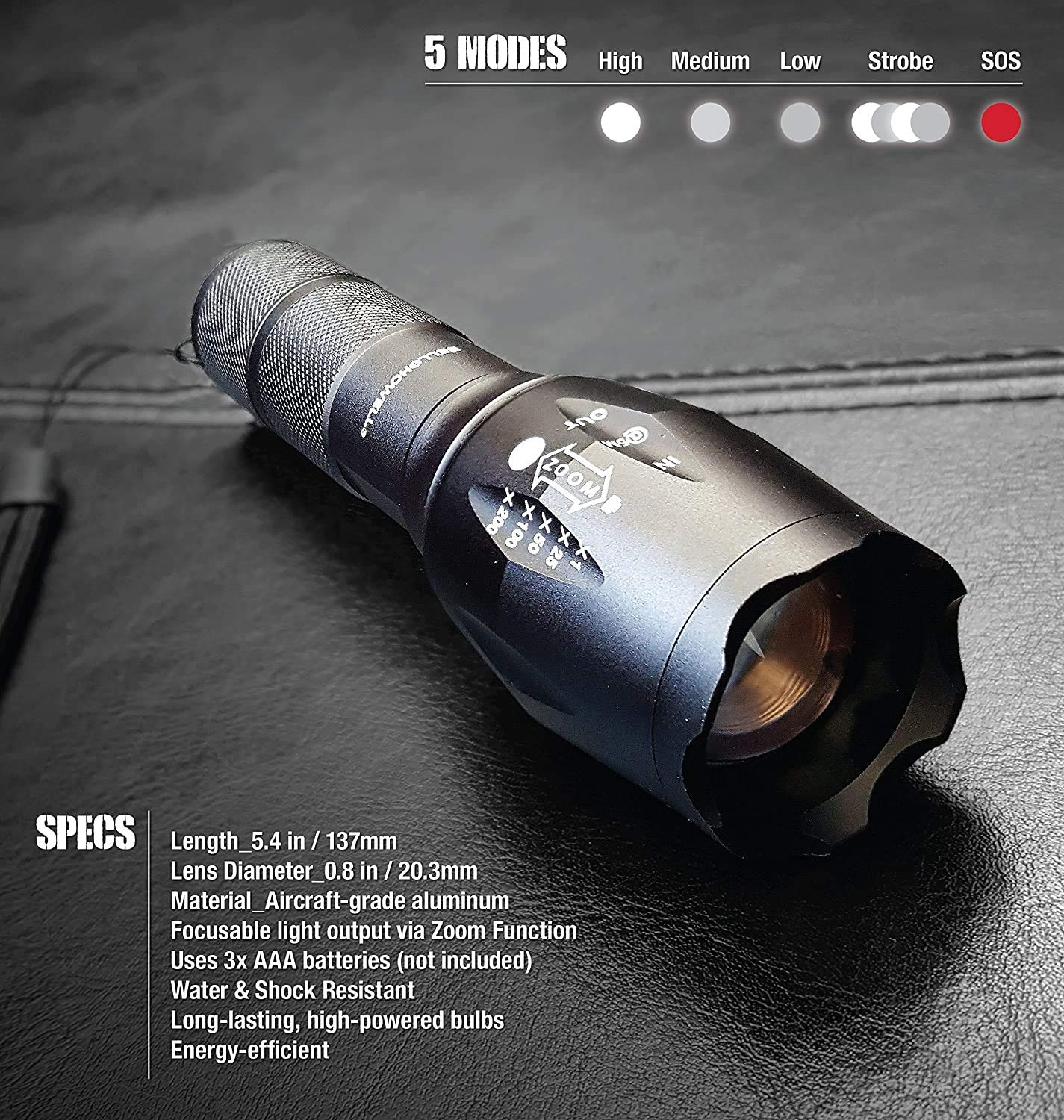 Bell+Howell TacLight Mini Flashlight - 100,000 Hour LED, 5 Modes, Zoom, Black, Model 1358, Water Resistant, 5.4” x 1