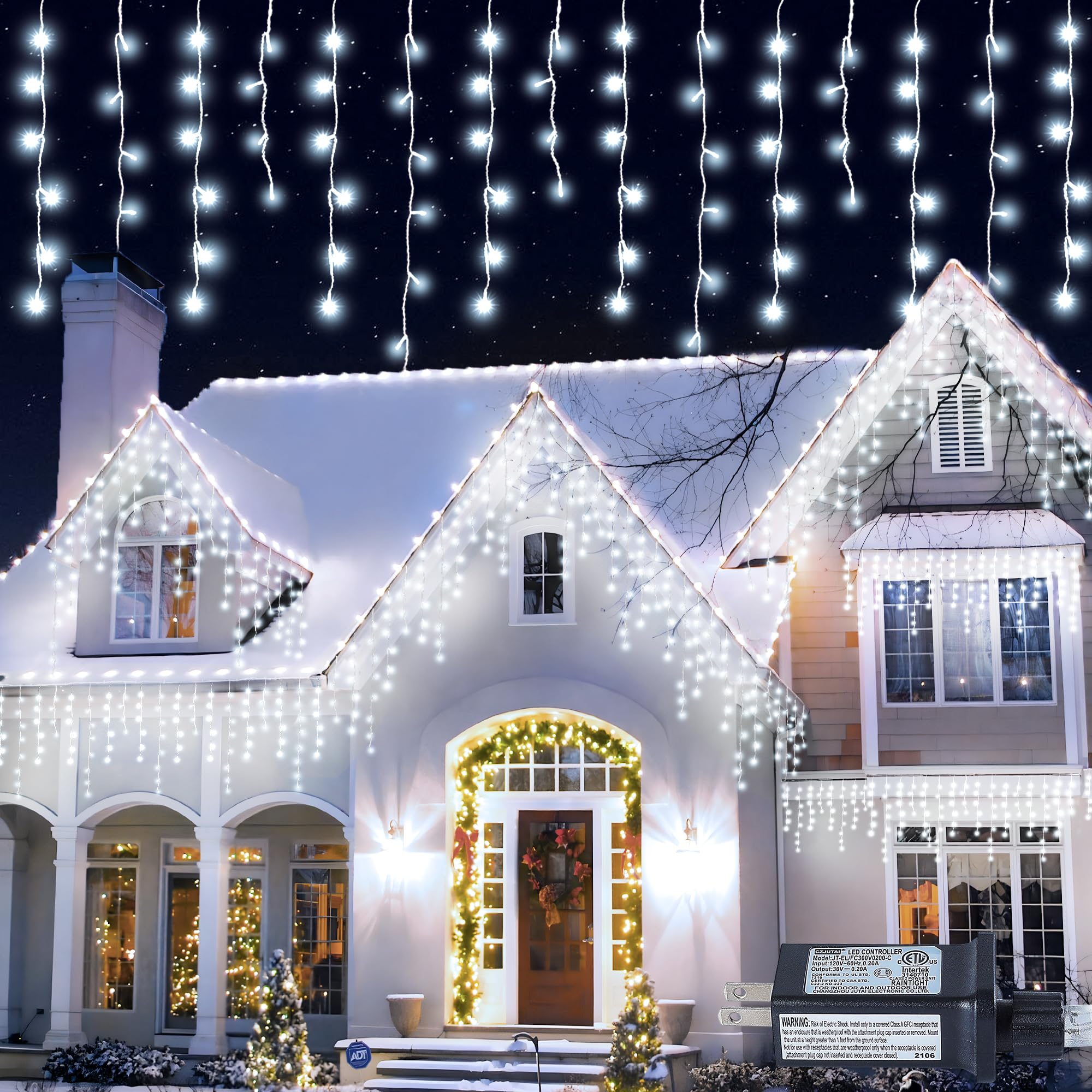 Qunlight LED Icicle Lights, 300 LEDs, 33ft, 8 Modes, Curtain Fairy Light with 60 Drops, Clear Wire LED String for Christmas/Than