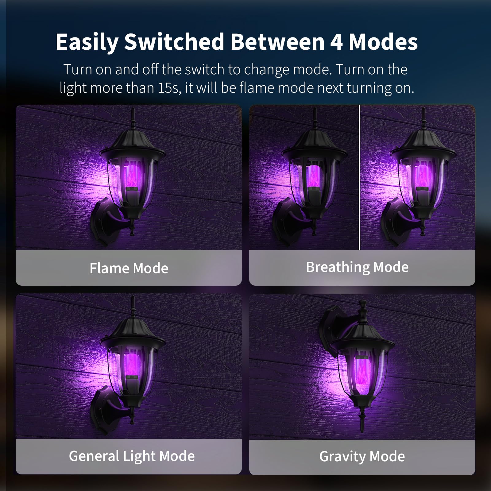 Morsatie LED Flame Light Bulbs, 4-Mode Flickering Effect, E26, 4 Pack, Purple, Model MSFLSB4-PURPLE-B4