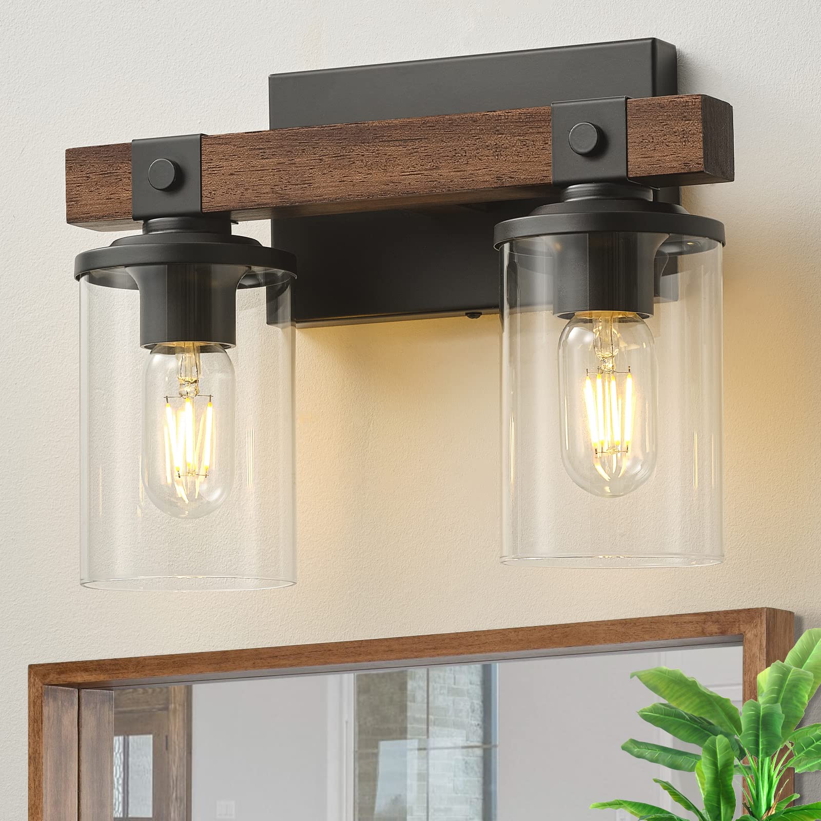 Goyeel Rustic 2-Light Bathroom Vanity Lights, Antique Wood Wall Sconce With Clear Glass Shade