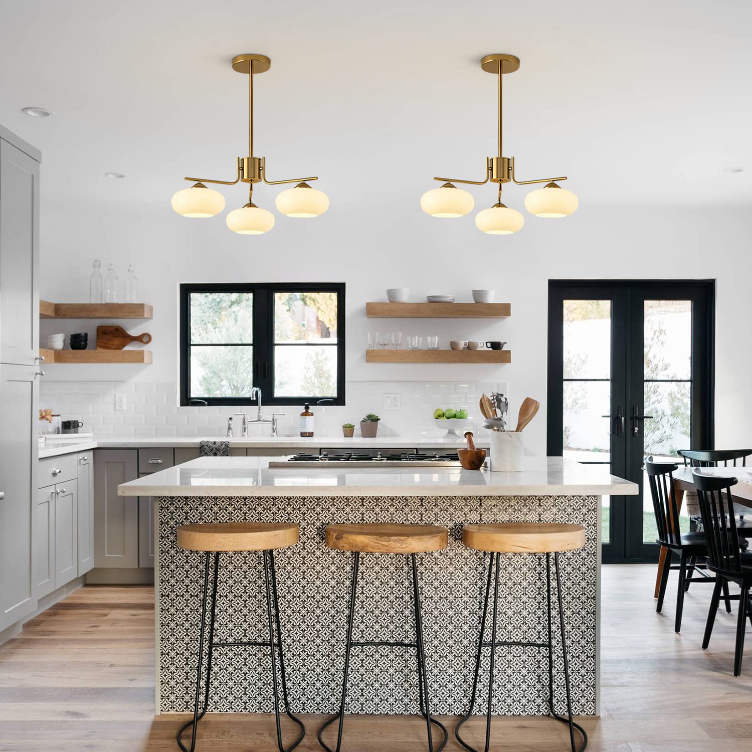 KCO Lighting Mid Century Modern Pendant Light 3-Light Metal Chandelier Brushed Brass White Globe Fixture L1127-3-Head