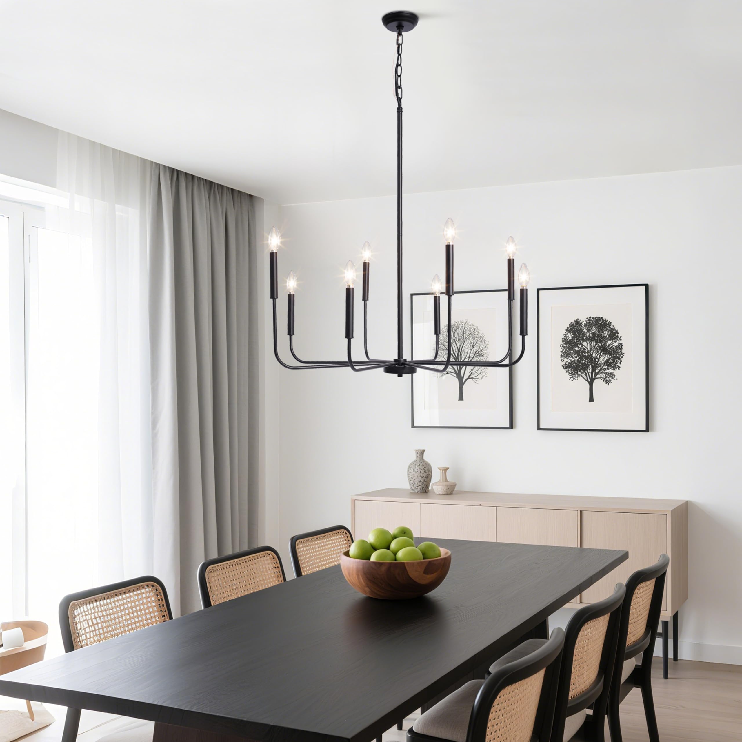 Laluz 8-Light Black Chandelier, 31.5'' Large Farmhouse Dining Room Light Fixture Over Table, Modern Chandeliers Hanging Lights F