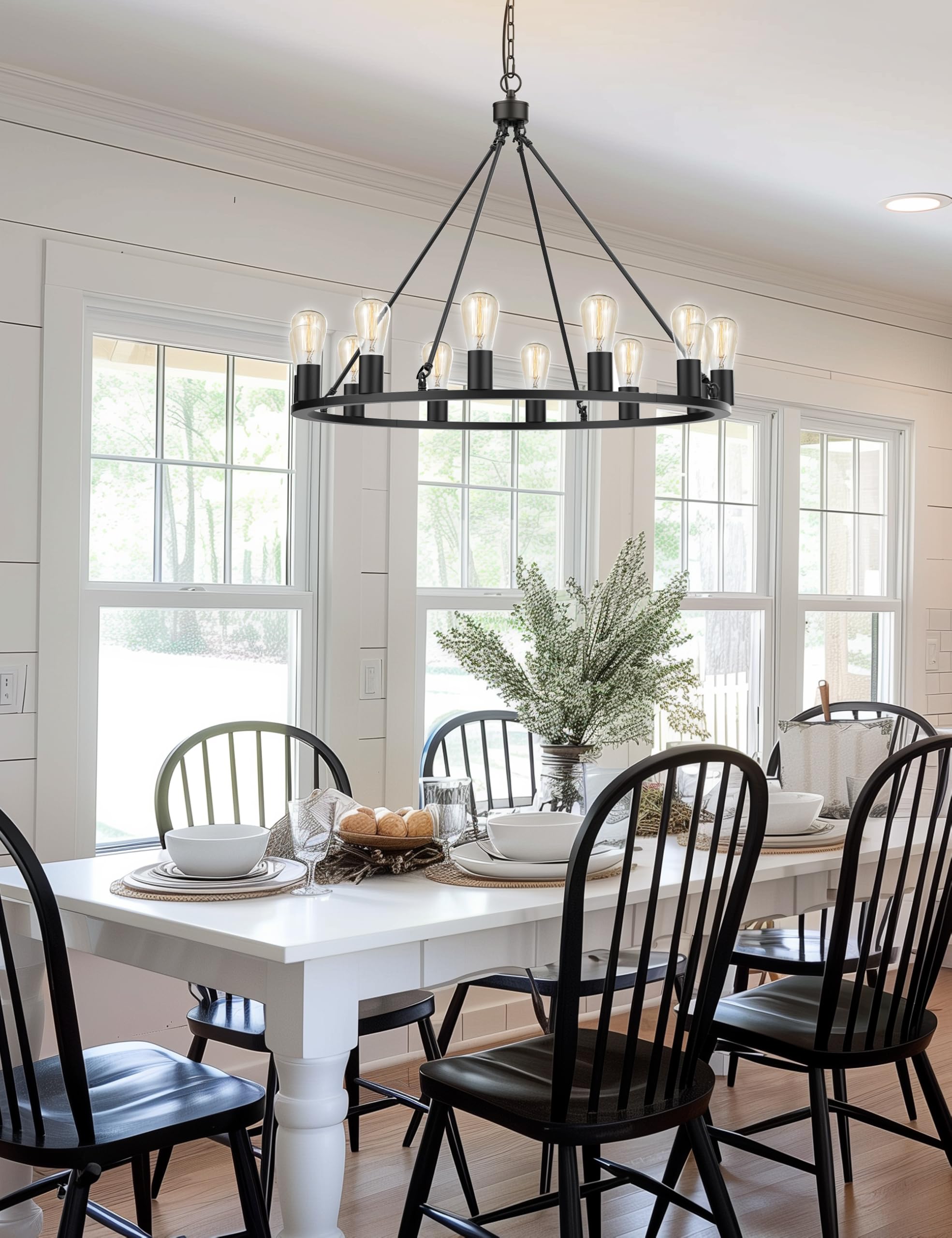 L Lohas Led Black Farmhouse Chandeliers For Dining Room, 12-Light Wagon Wheel Chandelier Over Table, Height Adjustable, 32'' Din