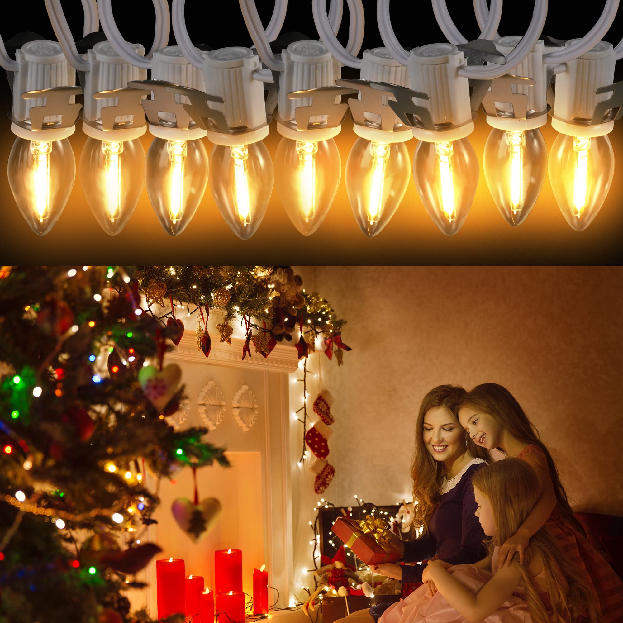 Meonum 2 Pack Accessory Cord With 20 Led Light Bulb C7 Cord Clip Christmas Village Lights With Double Spare Fuse Blow Mold String Lights Decoration For Xmas Village House Pumpkin Crafts