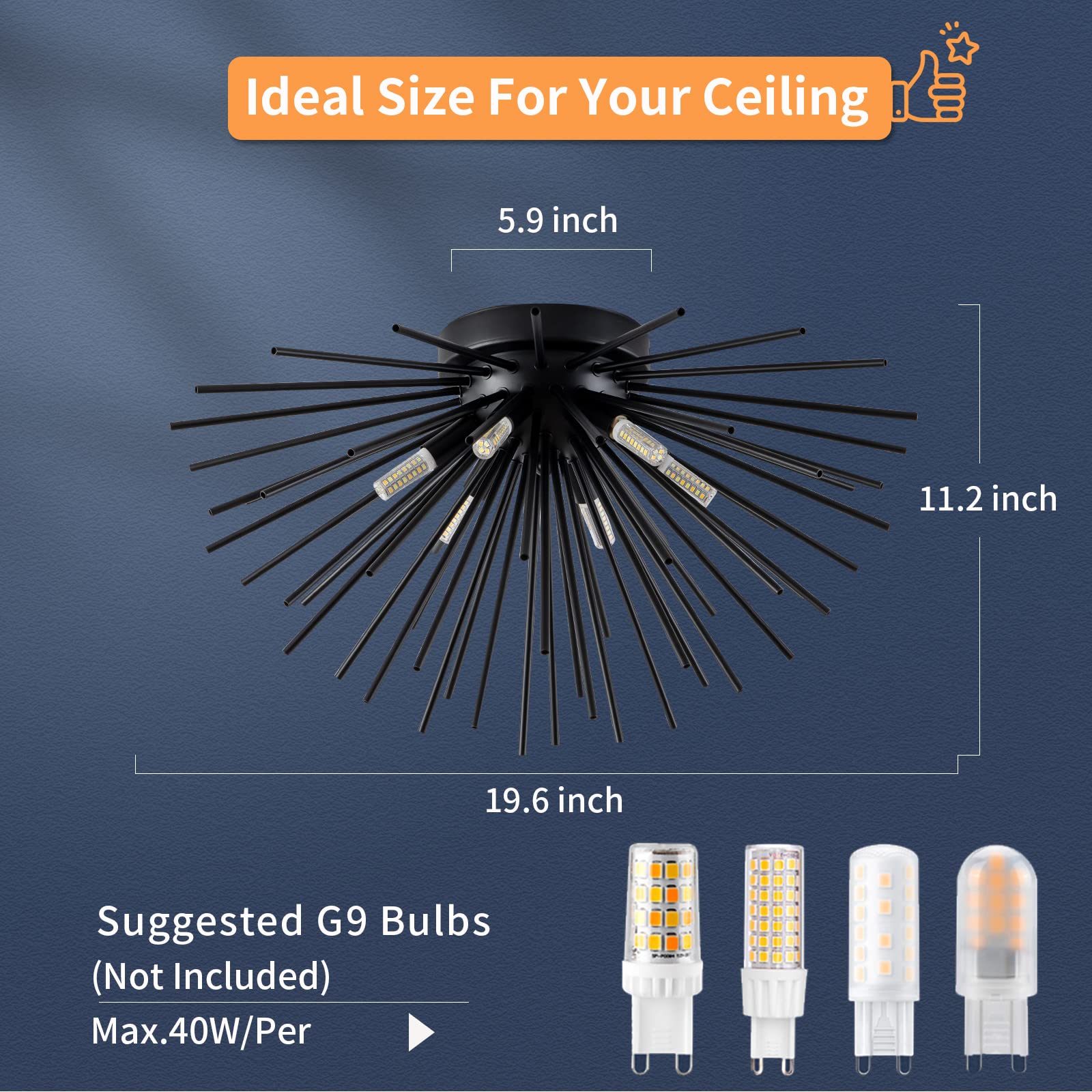 Black Flush Mount Ceiling Lights, Mid Century Starburst Sputnik Chandeliers, 6-Light Close To Ceiling Lighting Fixtures For Bedr