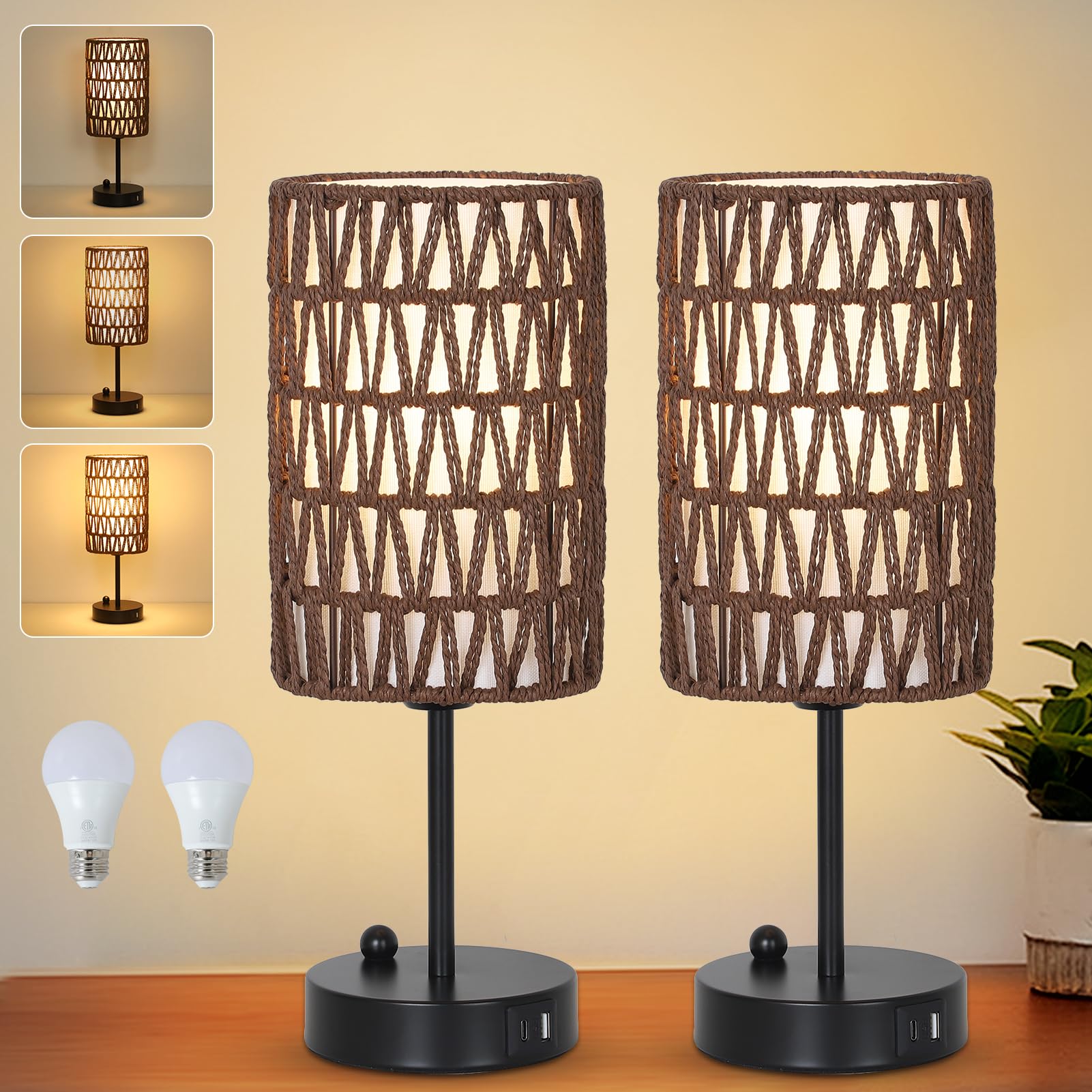 Eayaya Bedside Lamps Set of 2, Touch Control Night Stand Lamp for Bedroom with Rattan & Linen Shade & Bulbs, 3 Way Dimmable Smal