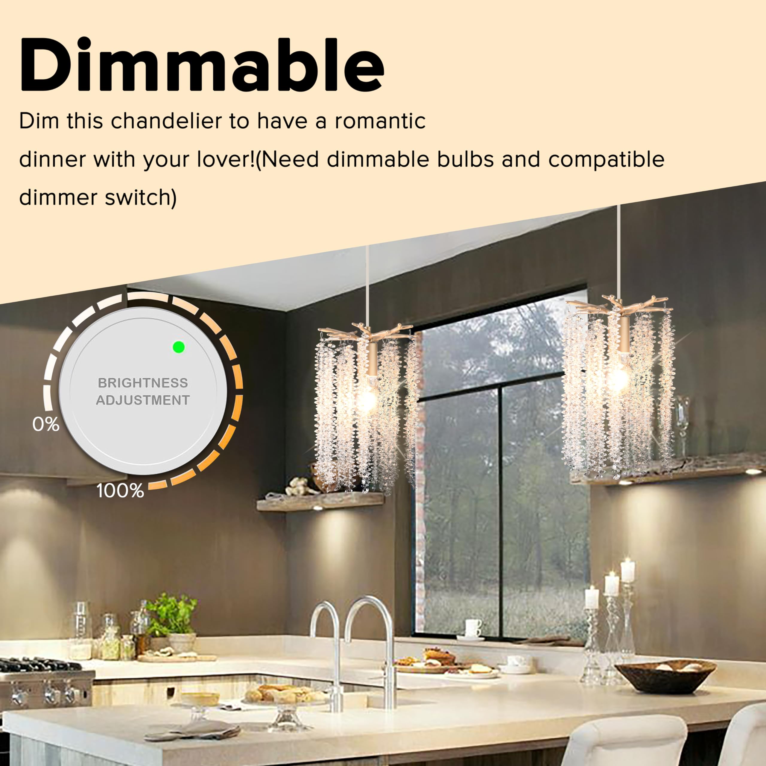 MO&OK Crystal Chandelier Pendant Light, Gold, 15Ft Cord, Model 17012, Modern Antler Design for Kitchen, Bedroom, Hallway