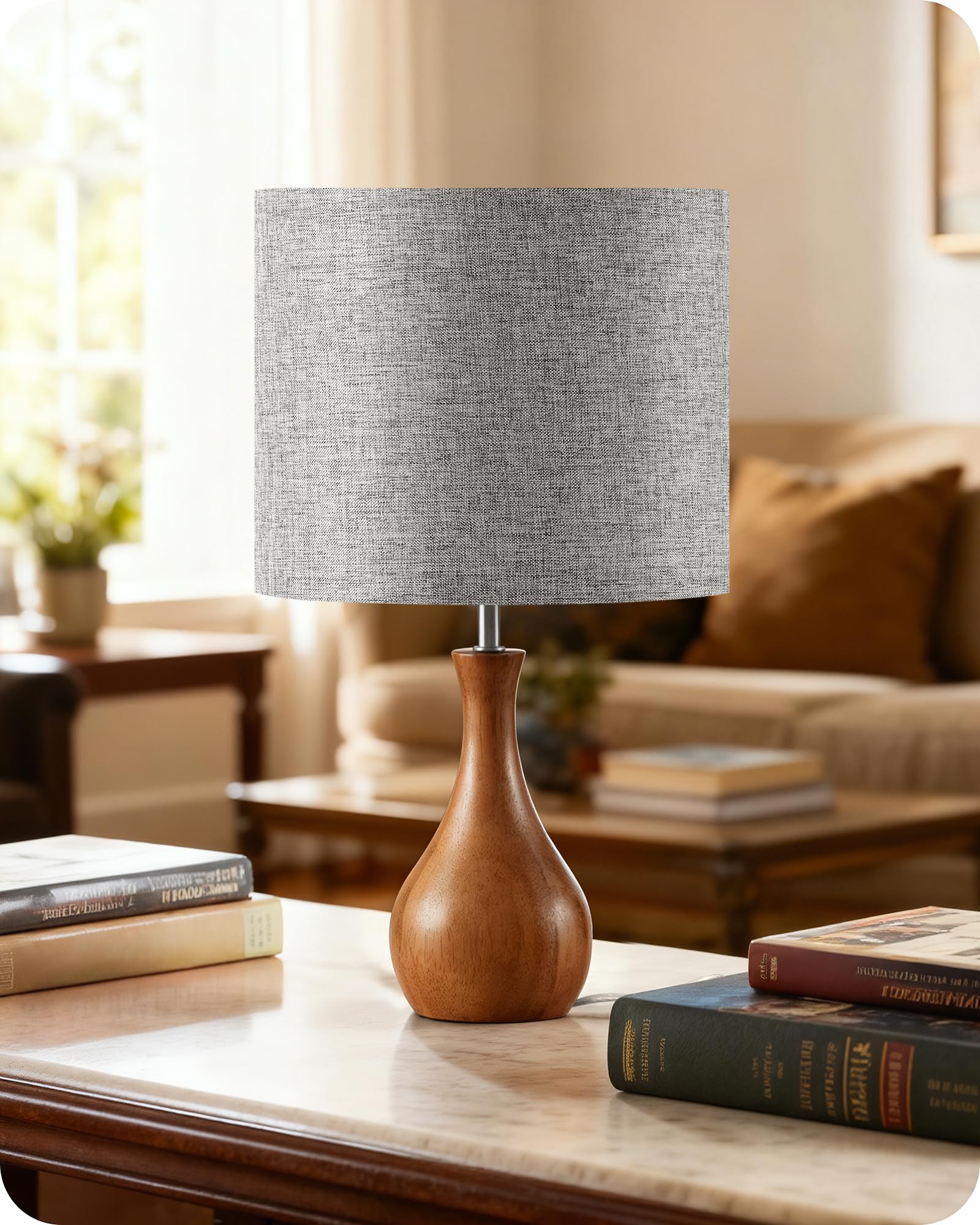 GOEBLESON Gray Table Lamp, 14.2 Small Bedside Lamp, Compact Desk Lamp with Gray Linen Lampshade & Dark Walnut Base, Modern Night